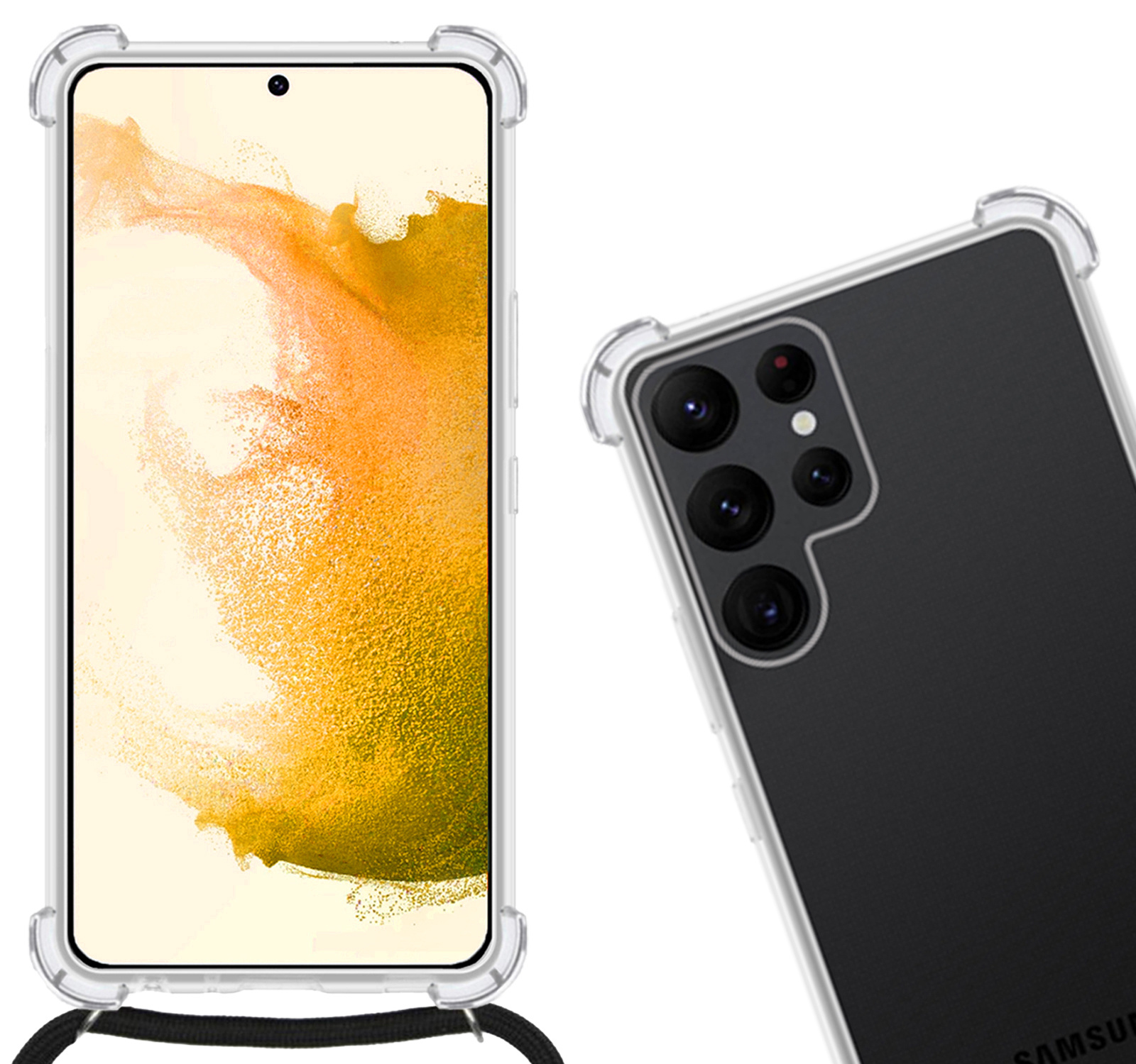 Nomfy Hoesje Geschikt voor Samsung S21 Ultra Hoesje Shock Proof Transparant Met Telefoonketting Case Shock Koord - Hoesje Geschikt voor Samsung Galaxy S21 Ultra Shock Proof Case Met Koord - Transparant