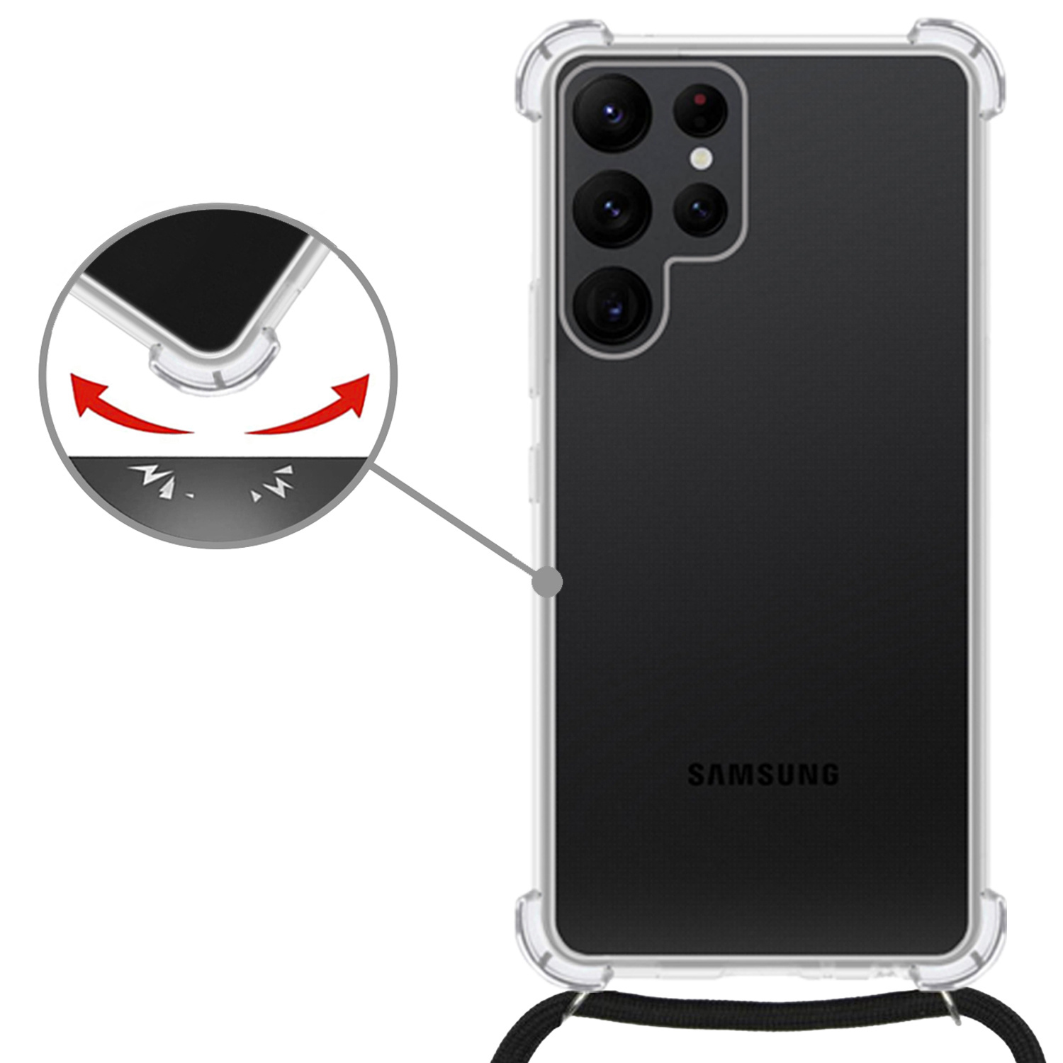 Nomfy Hoesje Geschikt voor Samsung S21 Ultra Hoesje Shock Proof Transparant Met Telefoonketting Case Shock Koord - Hoesje Geschikt voor Samsung Galaxy S21 Ultra Shock Proof Case Met Koord - Transparant