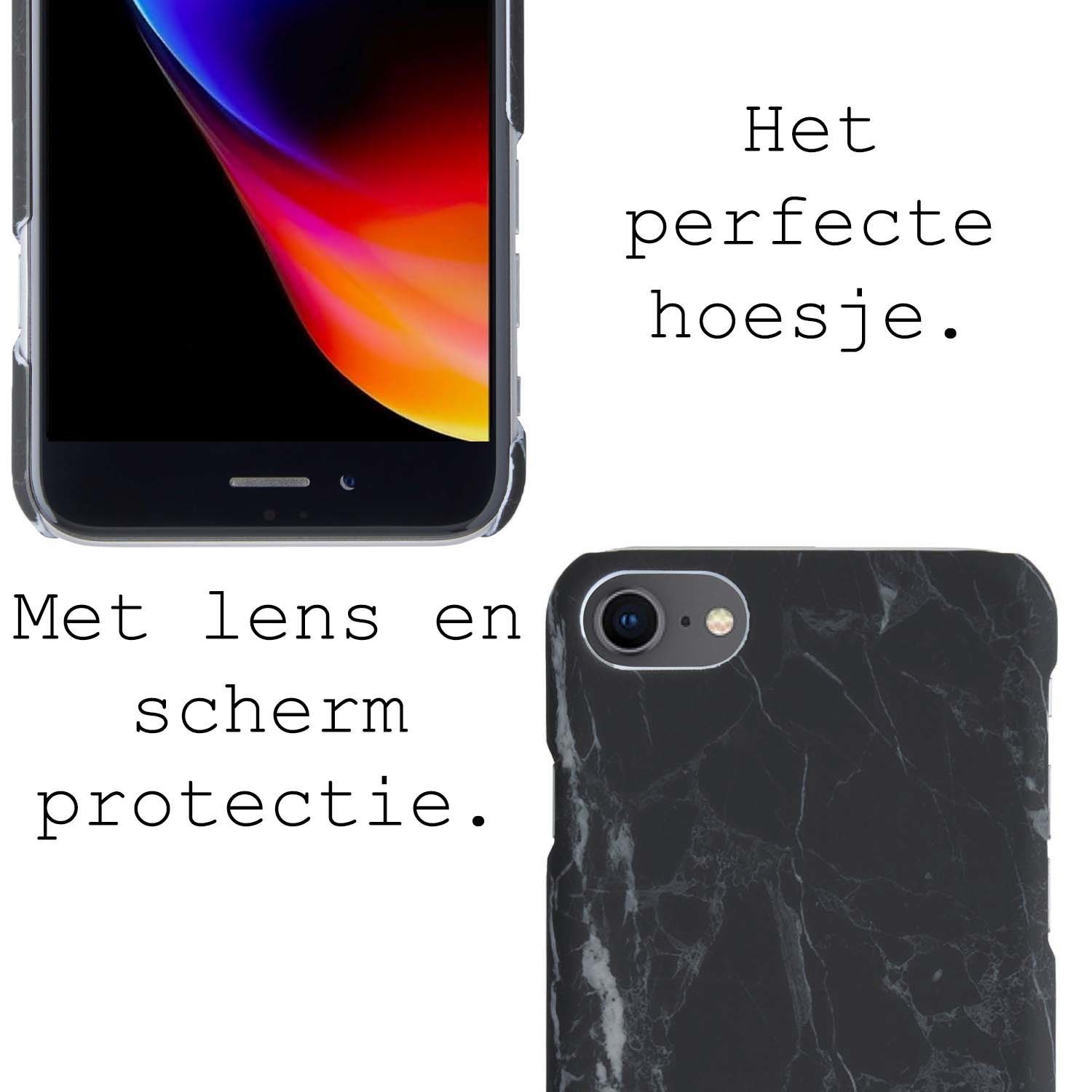 BASEY. Hoes Geschikt voor iPhone SE 2022 Hoesje Marmer Case Marmeren Cover Hoes Hardcover - Zwart - 2 Stuks