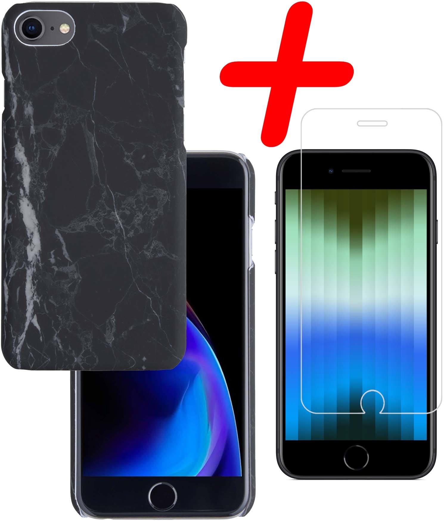 BASEY. Hoes Geschikt voor iPhone SE 2022 Hoesje Marmer Case Marmeren Cover Hoes Hardcover Met Screenprotector - Zwart