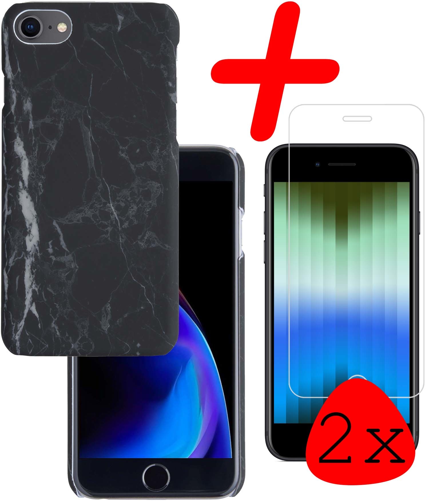 BASEY. Hoes Geschikt voor iPhone SE 2022 Hoesje Marmer Case Marmeren Cover Hoes Hardcover Met 2x Screenprotector - Zwart