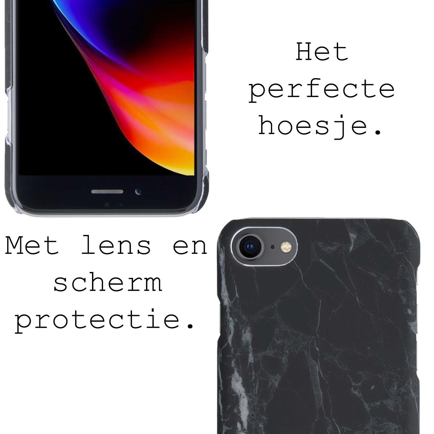 BASEY. iPhone SE 2022 Hoesje Marmer Case Marmeren Hard Cover Hoes Met 2x Screenprotector - Zwart