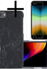 NoXx Hoes Geschikt voor iPhone SE 2022 Hoesje Marmer Back Case Hardcover Marmeren Hoes Marmer Met Screenprotector - Zwart