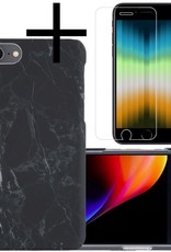 NoXx iPhone SE 2022 Hoesje Marmer Back Case Hardcover Marmeren Hoes Met Screenprotector Zwart