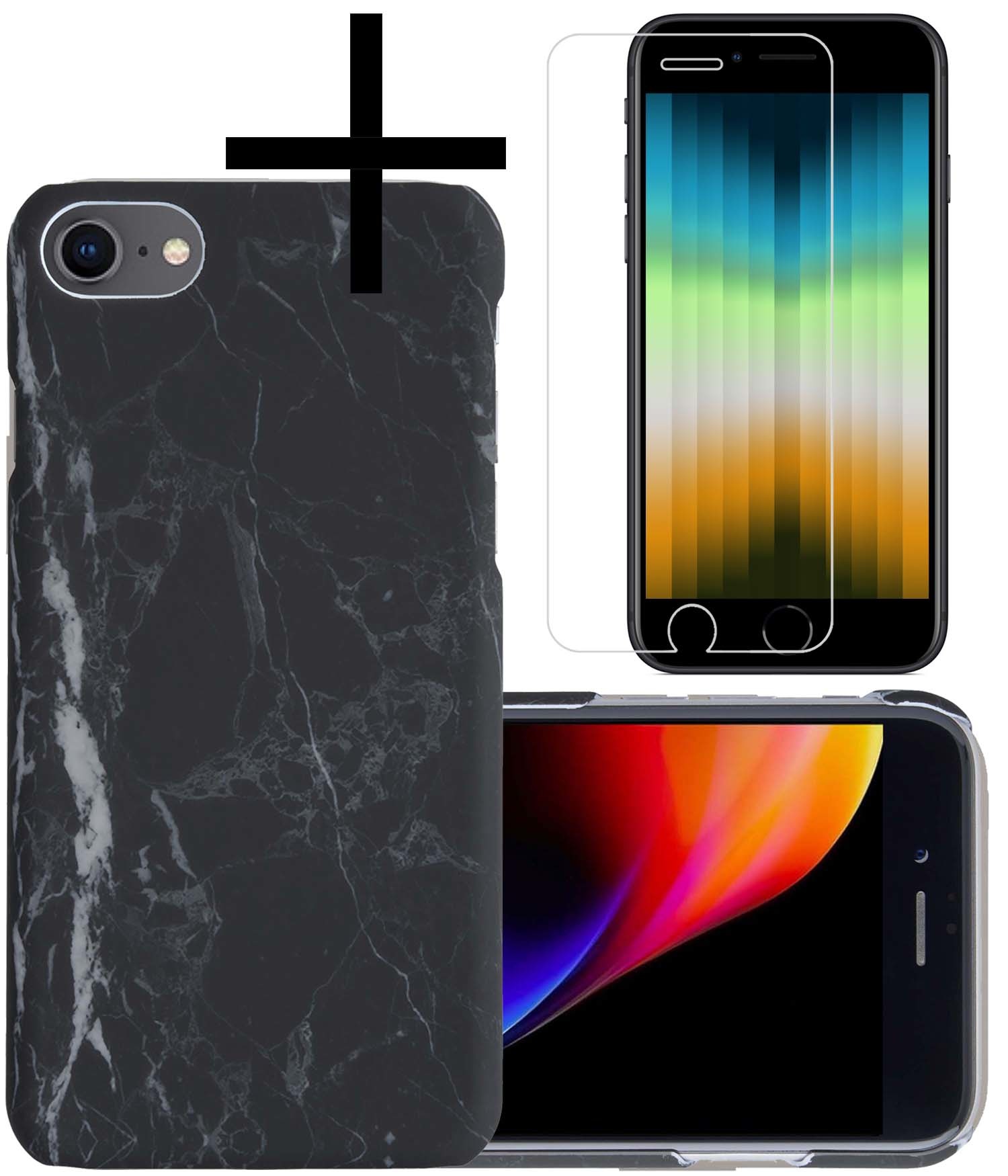 NoXx Hoes Geschikt voor iPhone SE 2022 Hoesje Marmer Back Case Hardcover Marmeren Hoes Marmer Met Screenprotector - Zwart