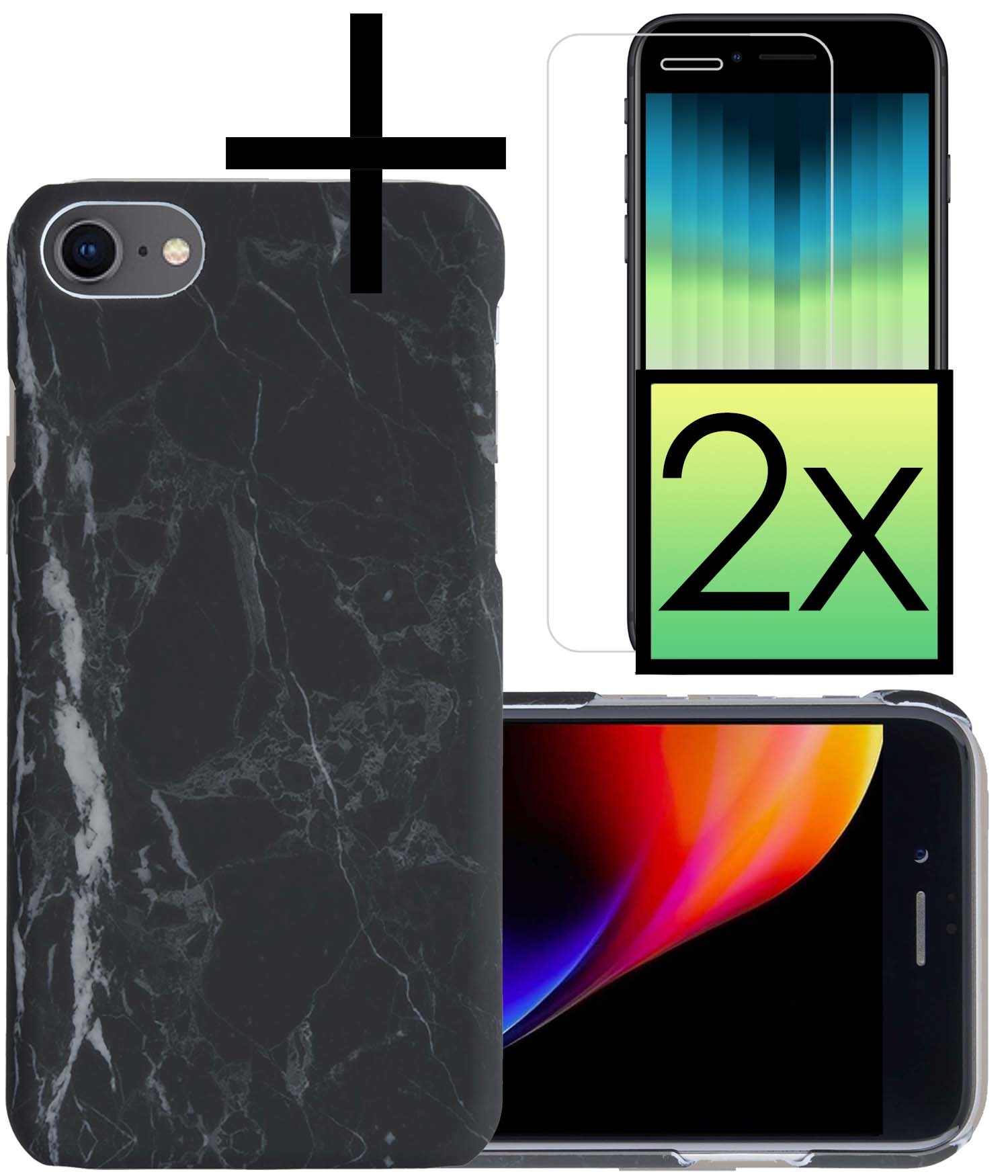 NoXx Hoes Geschikt voor iPhone SE 2022 Hoesje Marmer Back Case Hardcover Marmeren Hoes Marmer Met 2x Screenprotector - Zwart