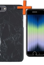 Nomfy Hoesje Geschikt voor iPhone SE 2022 Hoesje Marmeren Case Hardcover Hoes Marmer Met Screenprotector - Hoesje Geschikt voor iPhone SE (2022) Marmer Hoes - Zwart