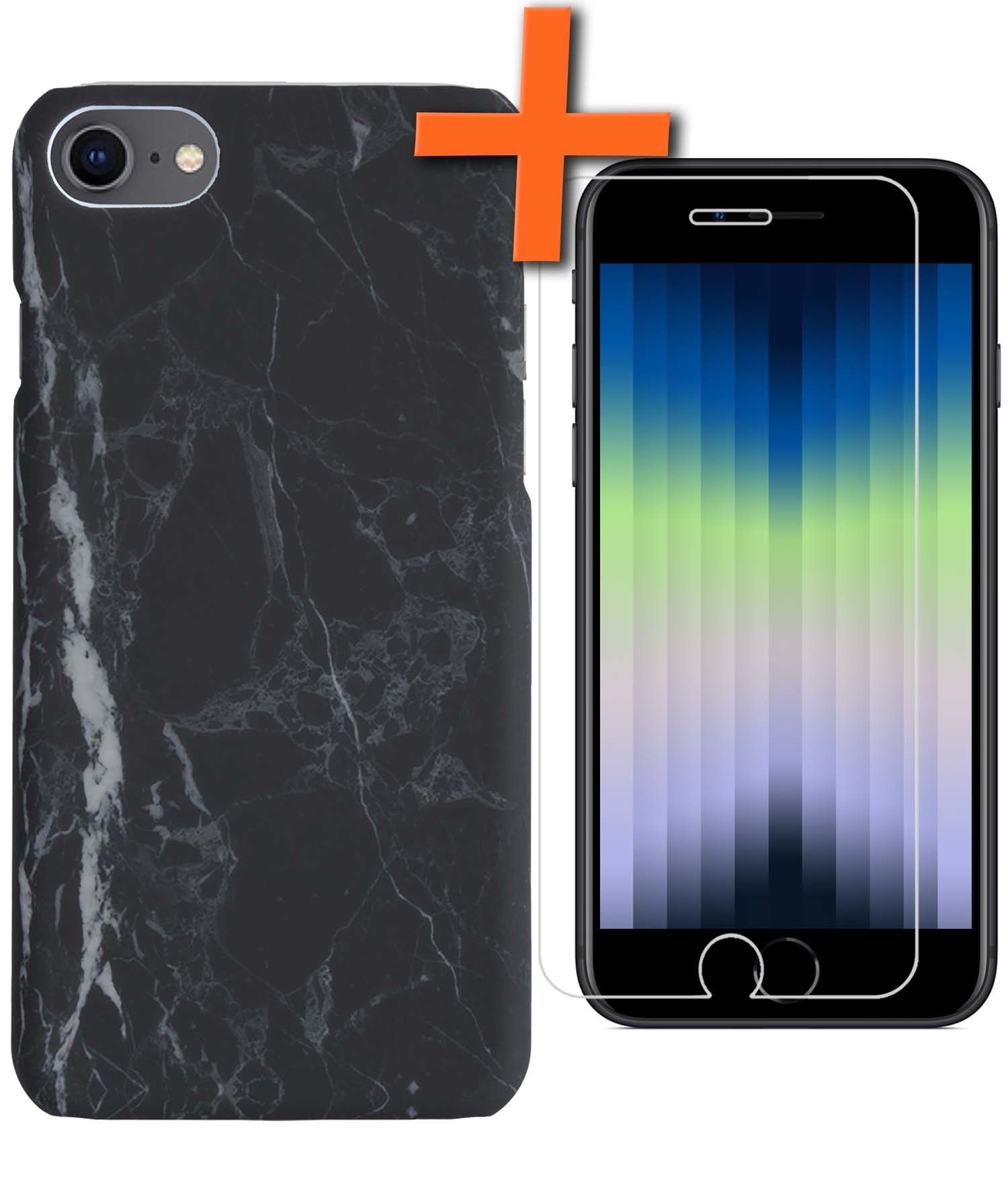 Nomfy Hoesje Geschikt voor iPhone SE 2022 Hoesje Marmeren Case Hardcover Hoes Marmer Met Screenprotector - Hoesje Geschikt voor iPhone SE (2022) Marmer Hoes - Zwart