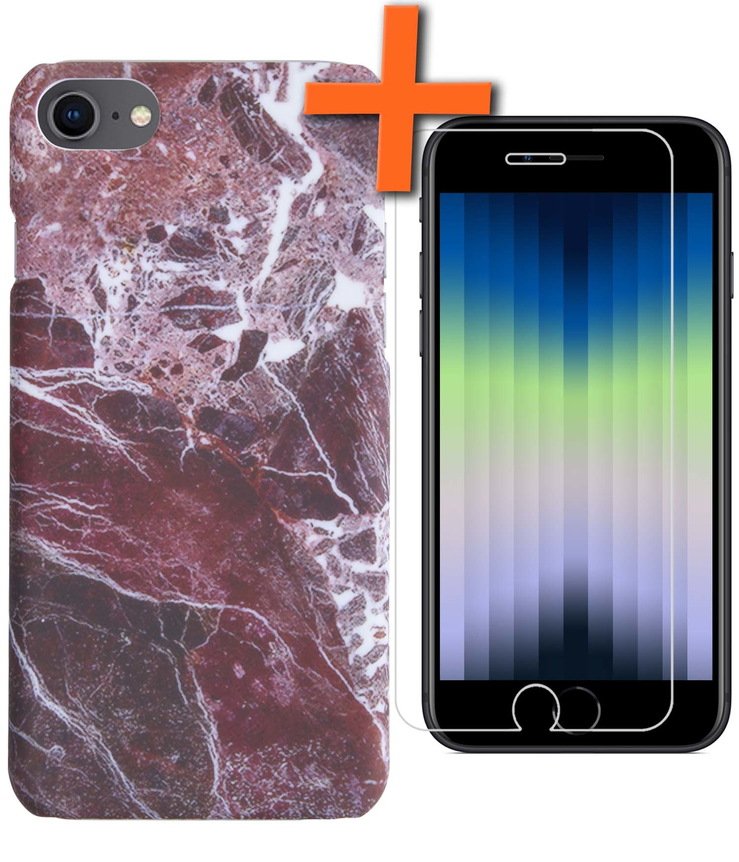 Nomfy iPhone SE 2022 Hoesje Marmeren Case Met Screenprotector - iPhone SE 2022 Marmer Hoes Hard Cover - Rood