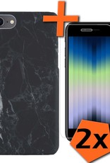 Nomfy Hoesje Geschikt voor iPhone SE 2022 Hoesje Marmeren Case Hardcover Hoes Marmer Met 2x Screenprotector - Hoesje Geschikt voor iPhone SE (2022) Marmer Hoes - Zwart
