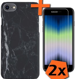 Nomfy Nomfy iPhone SE 2022 Hoesje Marmer Met 2x Screenprotector - Zwart - 2 PACK