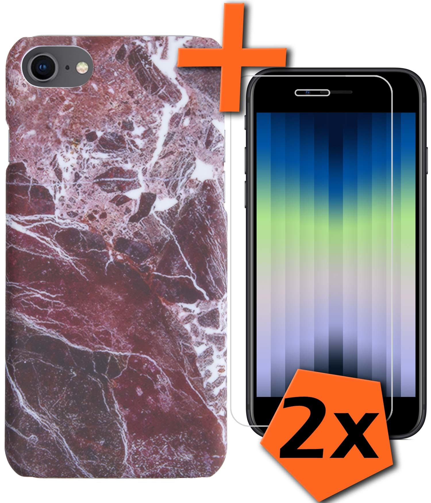 Nomfy iPhone SE 2022 Hoesje Marmeren Case Met 2x Screenprotector - iPhone SE 2022 Marmer Hoes Hard Cover - Rood