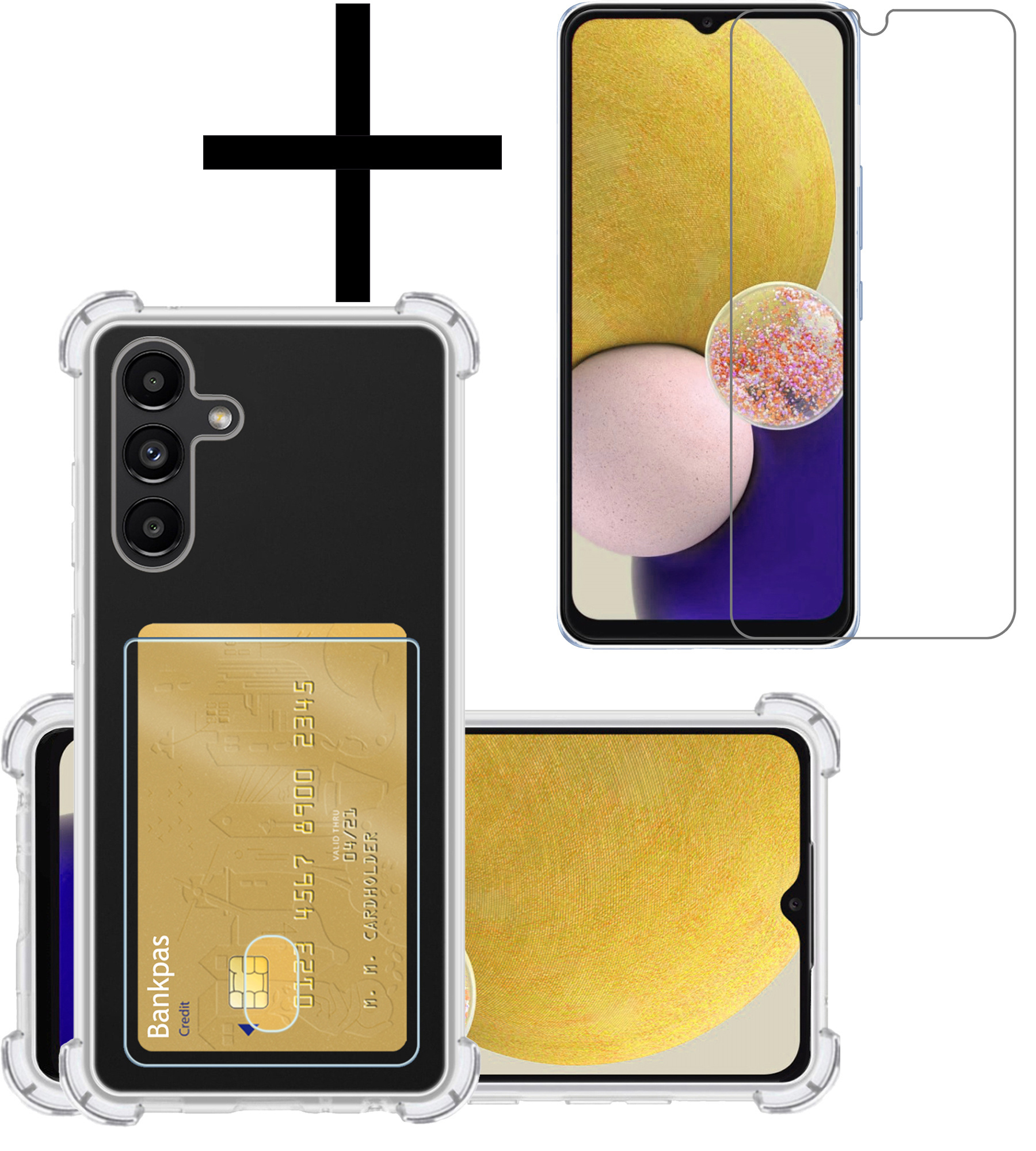 NoXx Hoes Geschikt voor Samsung A13 4G Hoesje Pasjeshouder Cover Shock Proof Case Siliconen Hoes Met Kaarthouder Met Screenprotector - Transparant