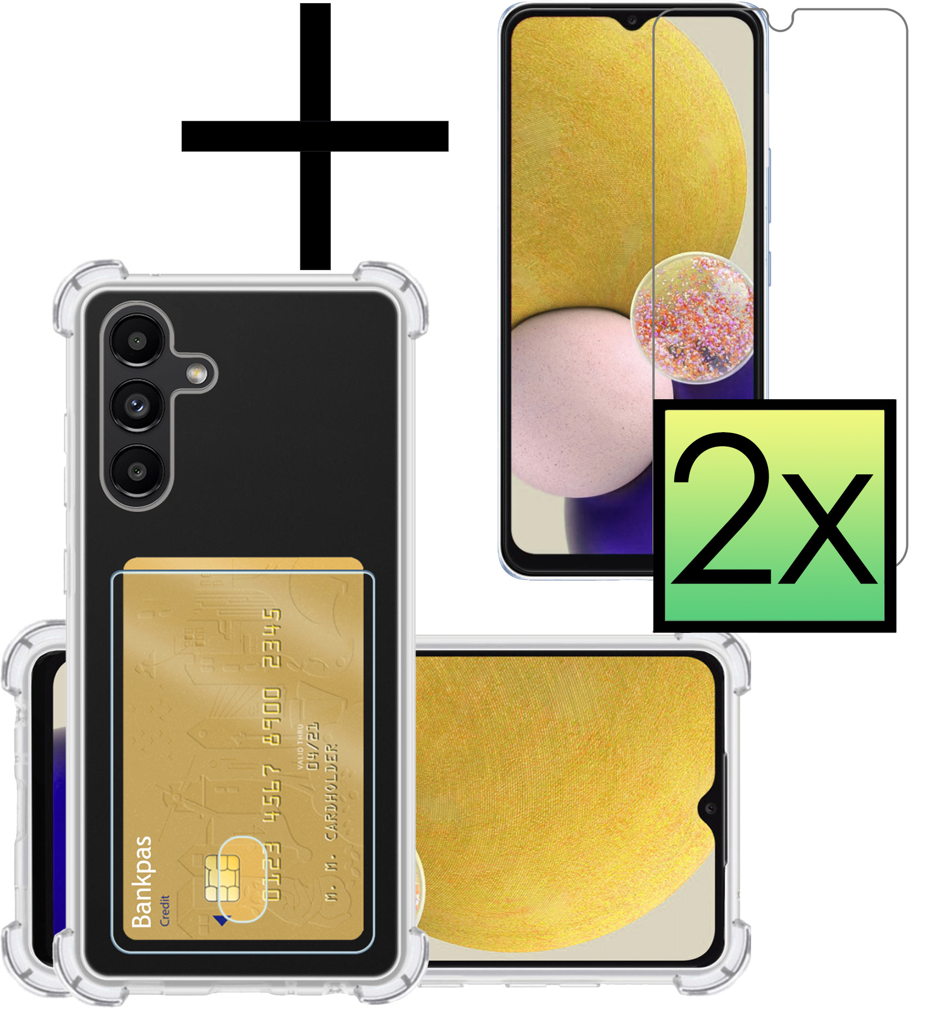 NoXx Hoes Geschikt voor Samsung A13 4G Hoesje Pasjeshouder Cover Shock Proof Case Siliconen Hoes Met Kaarthouder Met 2x Screenprotector - Transparant