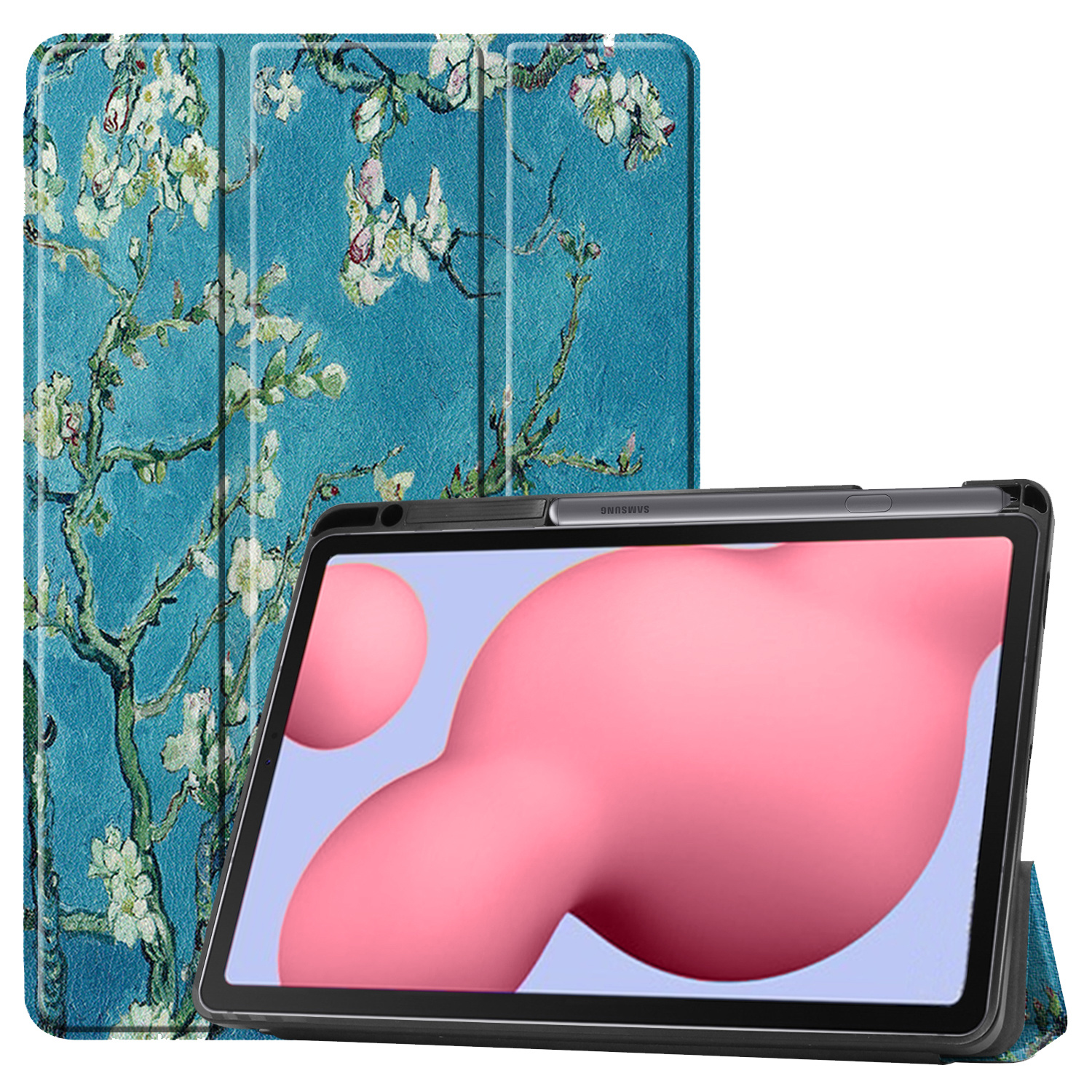 BASEY. Hoesje Geschikt voor Samsung Galaxy Tab S6 Lite Hoes Case Tablet Hoesje Tri-fold Met Uitsparing Geschikt voor S Pen - Hoes Geschikt voor Samsung Tab S6 Lite Hoesje Hard Cover Bookcase Hoes - Bloesem