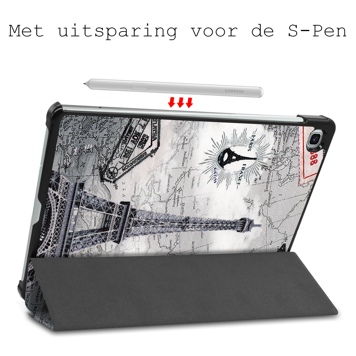 BASEY. Hoesje Geschikt voor Samsung Galaxy Tab S6 Lite Hoes Case Tablet Hoesje Tri-fold Met Screenprotector - Hoes Geschikt voor Samsung Tab S6 Lite Hoesje Hard Cover Bookcase Hoes - Eiffeltoren