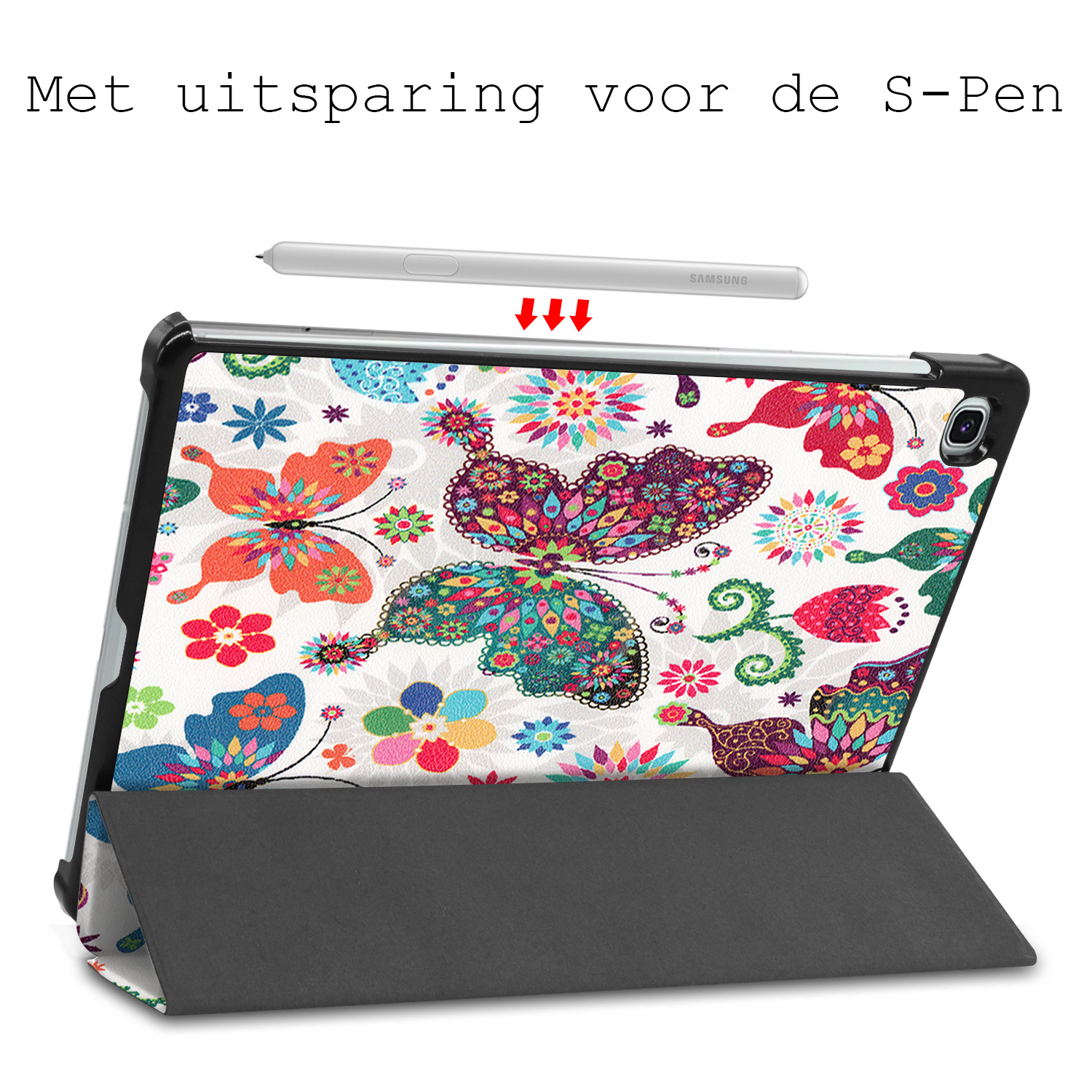 BASEY. Hoesje Geschikt voor Samsung Galaxy Tab S6 Lite Hoes Case Tablet Hoesje Tri-fold Met Screenprotector - Hoes Geschikt voor Samsung Tab S6 Lite Hoesje Hard Cover Bookcase Hoes - Vlinders