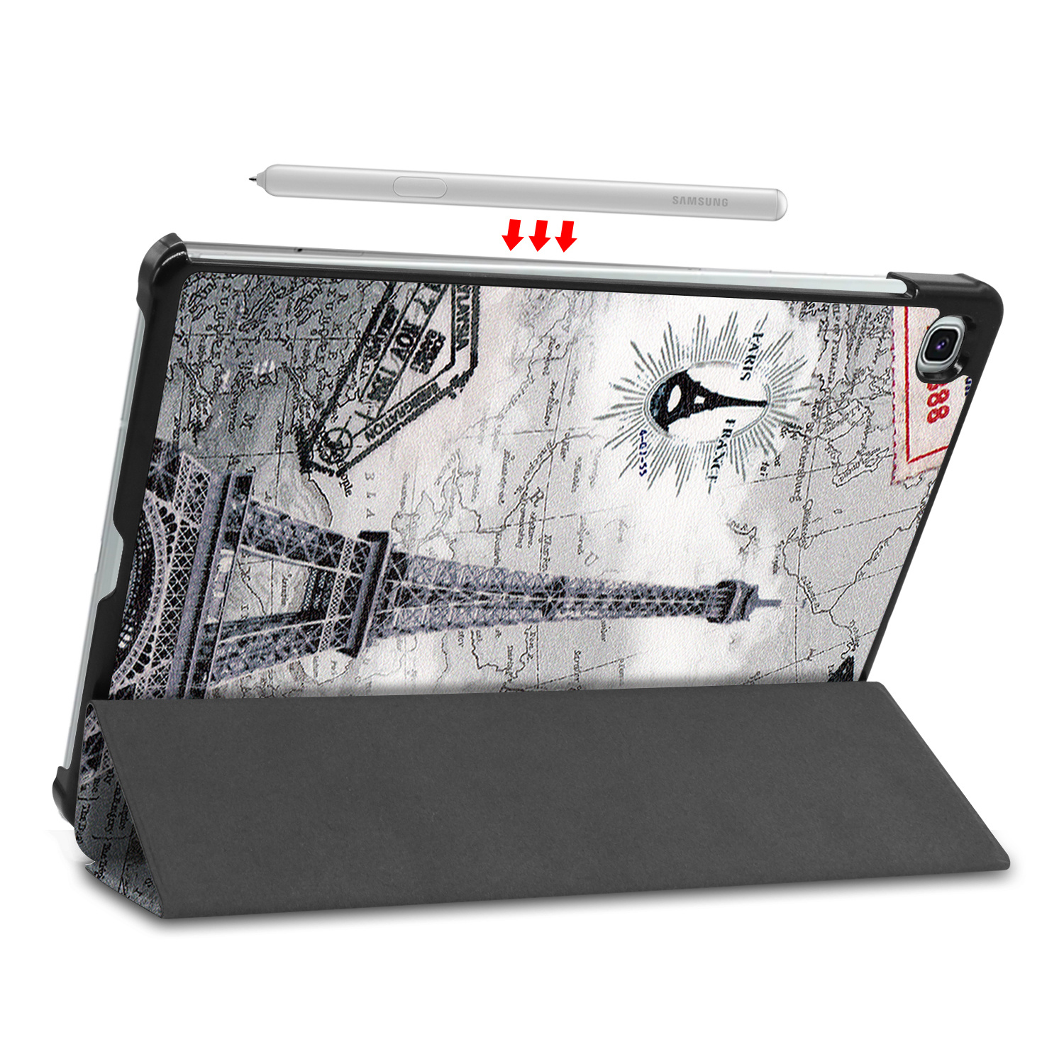 Nomfy Hoes Geschikt voor Samsung Galaxy Tab S6 Lite Hoes Tri-fold Tablet Hoesje Case Met Screenprotector - Hoesje Geschikt voor Samsung Tab S6 Lite Hoesje Hardcover Bookcase - Eiffeltoren