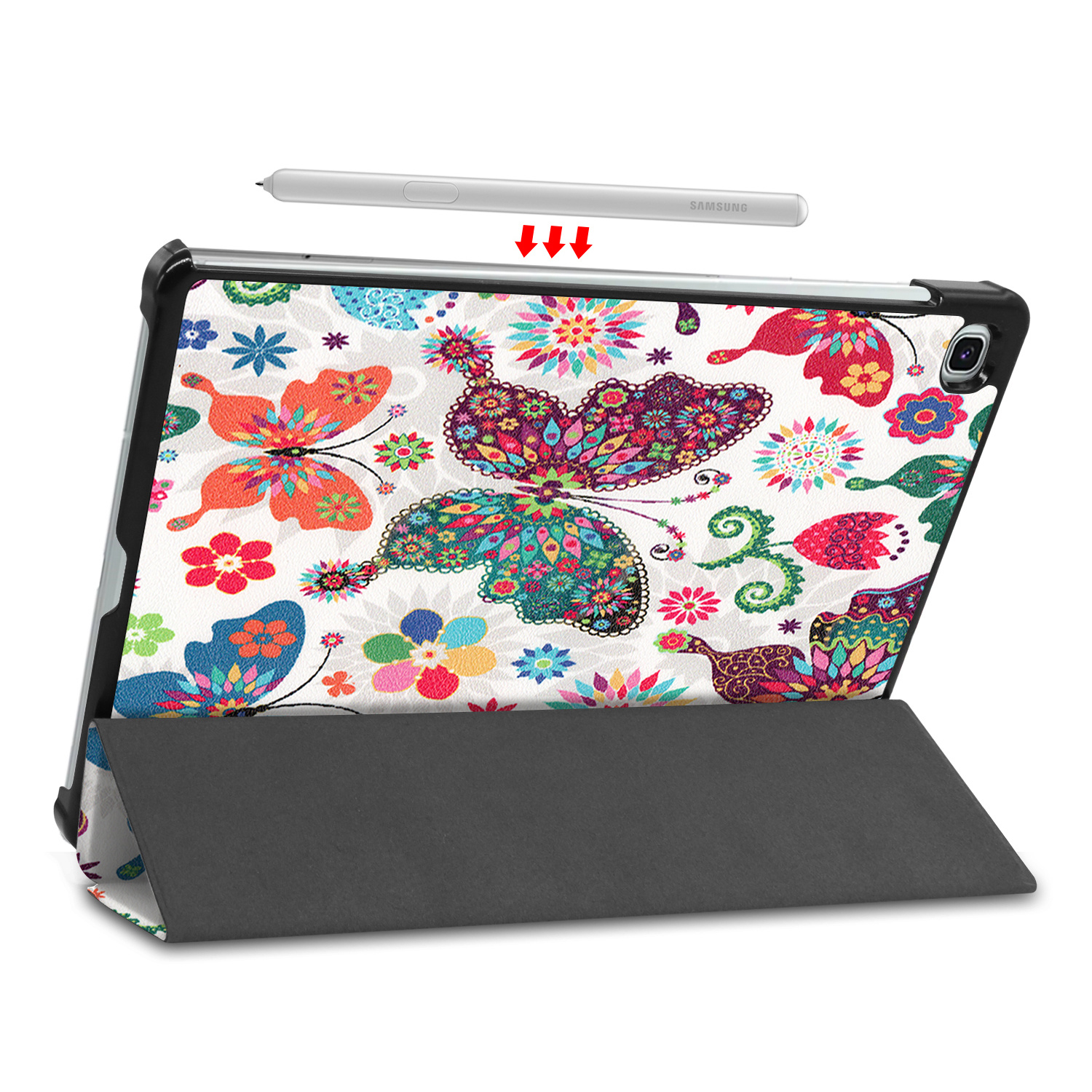 Nomfy Hoes Geschikt voor Samsung Galaxy Tab S6 Lite Hoes Tri-fold Tablet Hoesje Case Met Screenprotector - Hoesje Geschikt voor Samsung Tab S6 Lite Hoesje Hardcover Bookcase - Vlinders