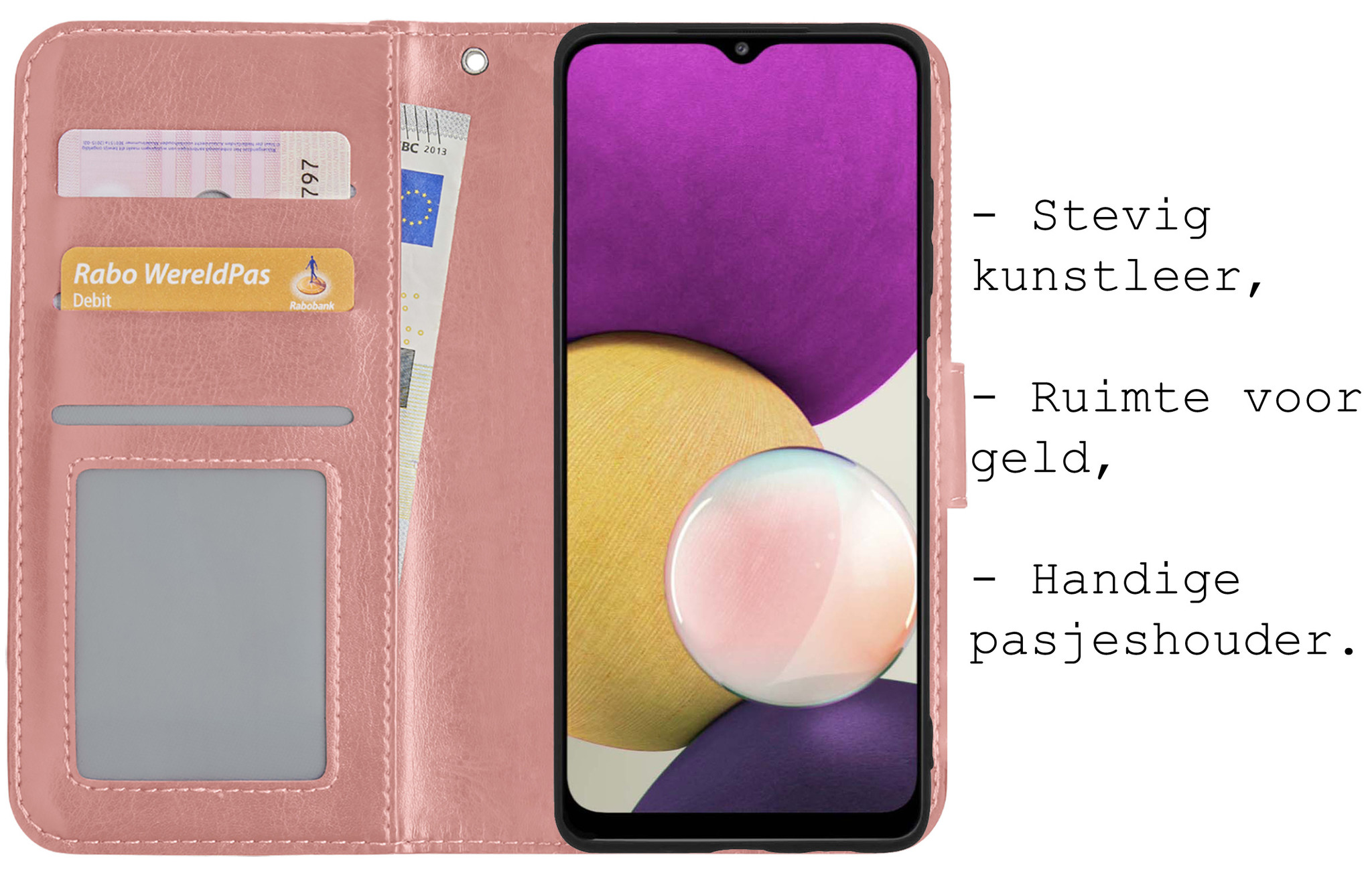 BASEY. Hoes Geschikt voor Samsung M22 Hoesje Bookcase Hoes Flip Case Book Cover - Hoesje Geschikt voor Samsung Galaxy M22 Hoes Book Case Hoesje - Rosé goud