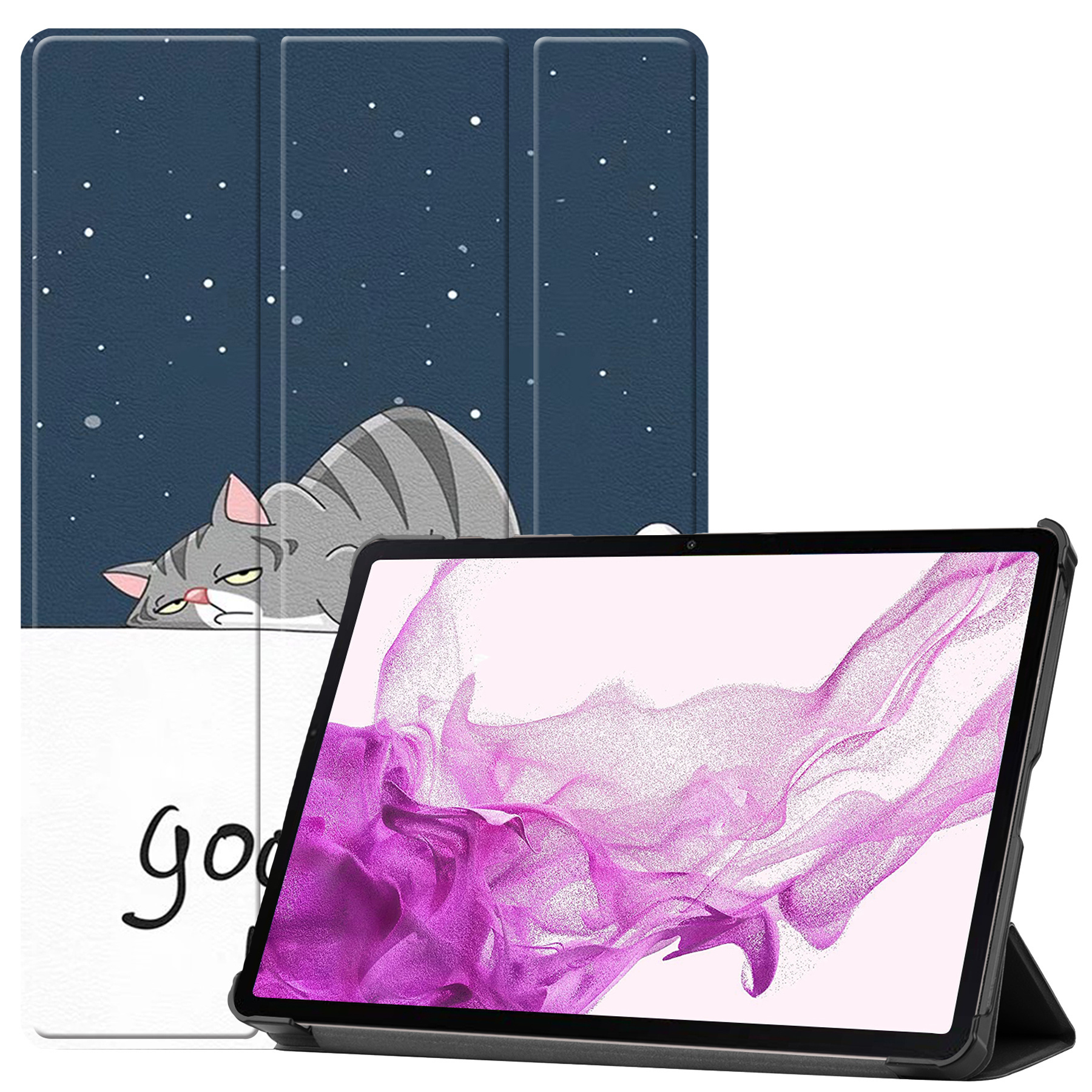 Nomfy Hoes Geschikt voor Samsung Galaxy Tab S8 Ultra Hoes Tri-fold Tablet Hoesje Case Met Screenprotector - Hoesje Geschikt voor Samsung Tab S8 Ultra Hoesje Hardcover Bookcase - Kat