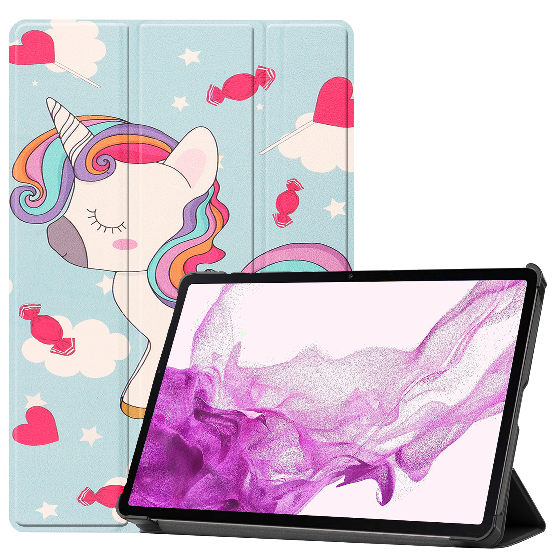 Nomfy Hoes Geschikt voor Samsung Galaxy Tab S8 Ultra Hoes Tri-fold Tablet Hoesje Case Met Screenprotector - Hoesje Geschikt voor Samsung Tab S8 Ultra Hoesje Hardcover Bookcase - Eenhoorn