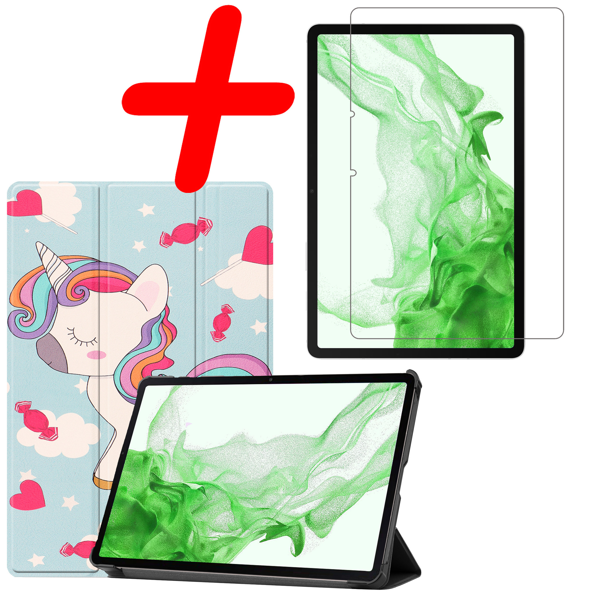 BASEY. Hoesje Geschikt voor Samsung Galaxy Tab S8 Ultra Hoes Case Tablet Hoesje Tri-fold Met Screenprotector - Hoes Geschikt voor Samsung Tab S8 Ultra Hoesje Hard Cover Bookcase Hoes - Eenhoorn