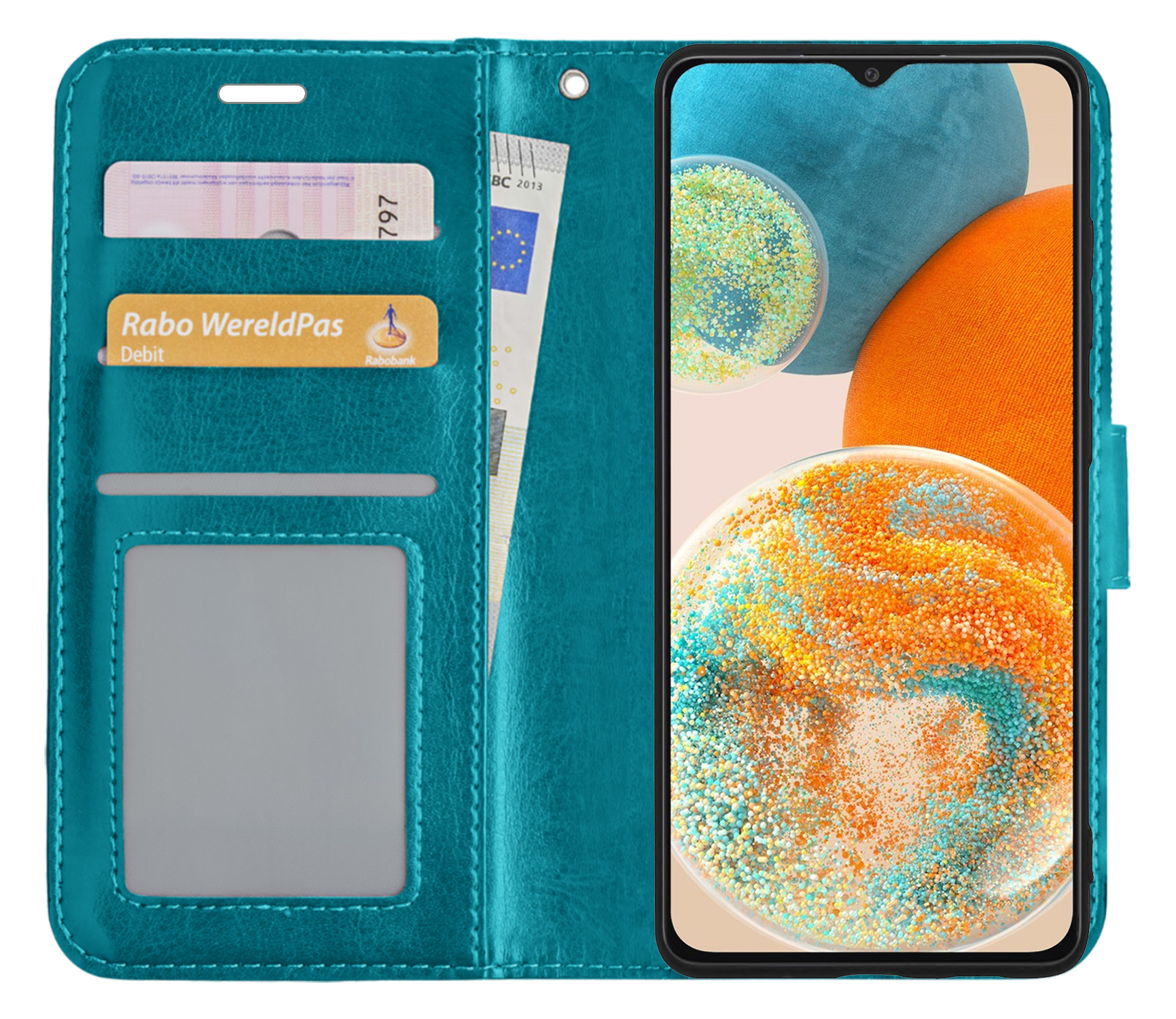 Nomfy Hoesje Geschikt voor Samsung A23 Hoes Bookcase Flipcase Book Cover - Hoes Geschikt voor Samsung Galaxy A23 Hoesje Book Case - Turquoise