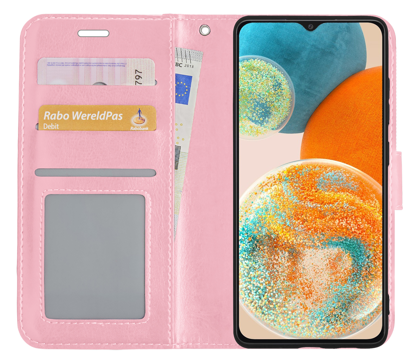 Nomfy Hoesje Geschikt voor Samsung A23 Hoes Bookcase Flipcase Book Cover - Hoes Geschikt voor Samsung Galaxy A23 Hoesje Book Case - Lichtroze