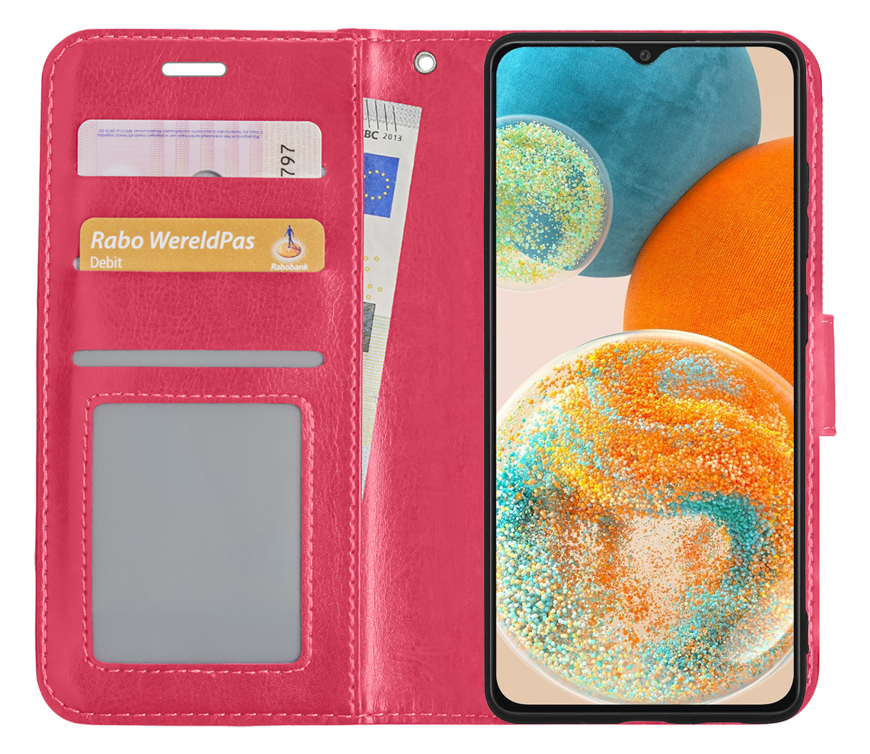 Nomfy Hoesje Geschikt voor Samsung A23 Hoes Bookcase Flipcase Book Cover - Hoes Geschikt voor Samsung Galaxy A23 Hoesje Book Case - Donkerroze