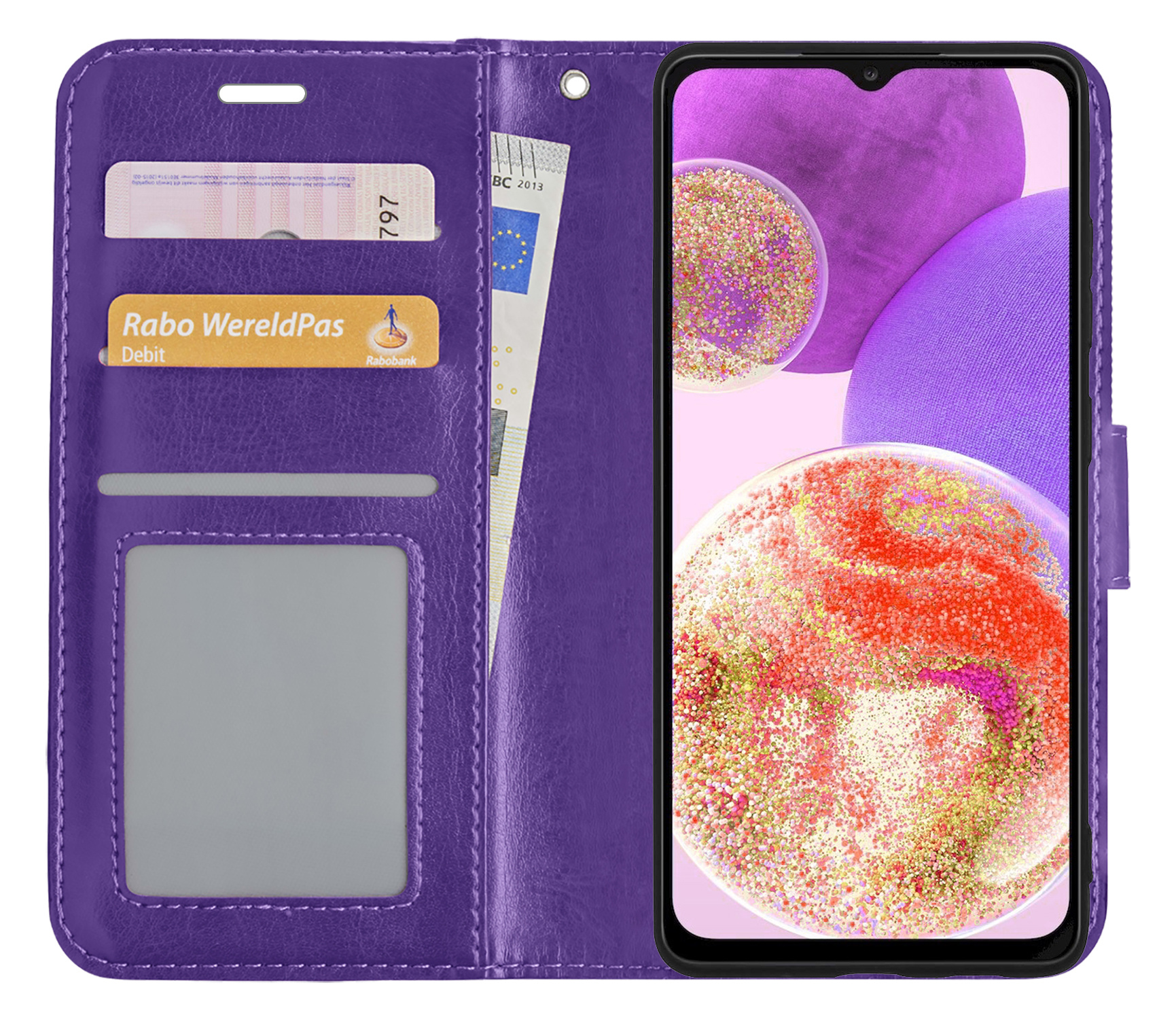 BASEY. Hoes Geschikt voor Samsung A23 Hoesje Bookcase Hoes Flip Case Book Cover - Hoesje Geschikt voor Samsung Galaxy A23 Hoes Book Case Hoesje - Paars