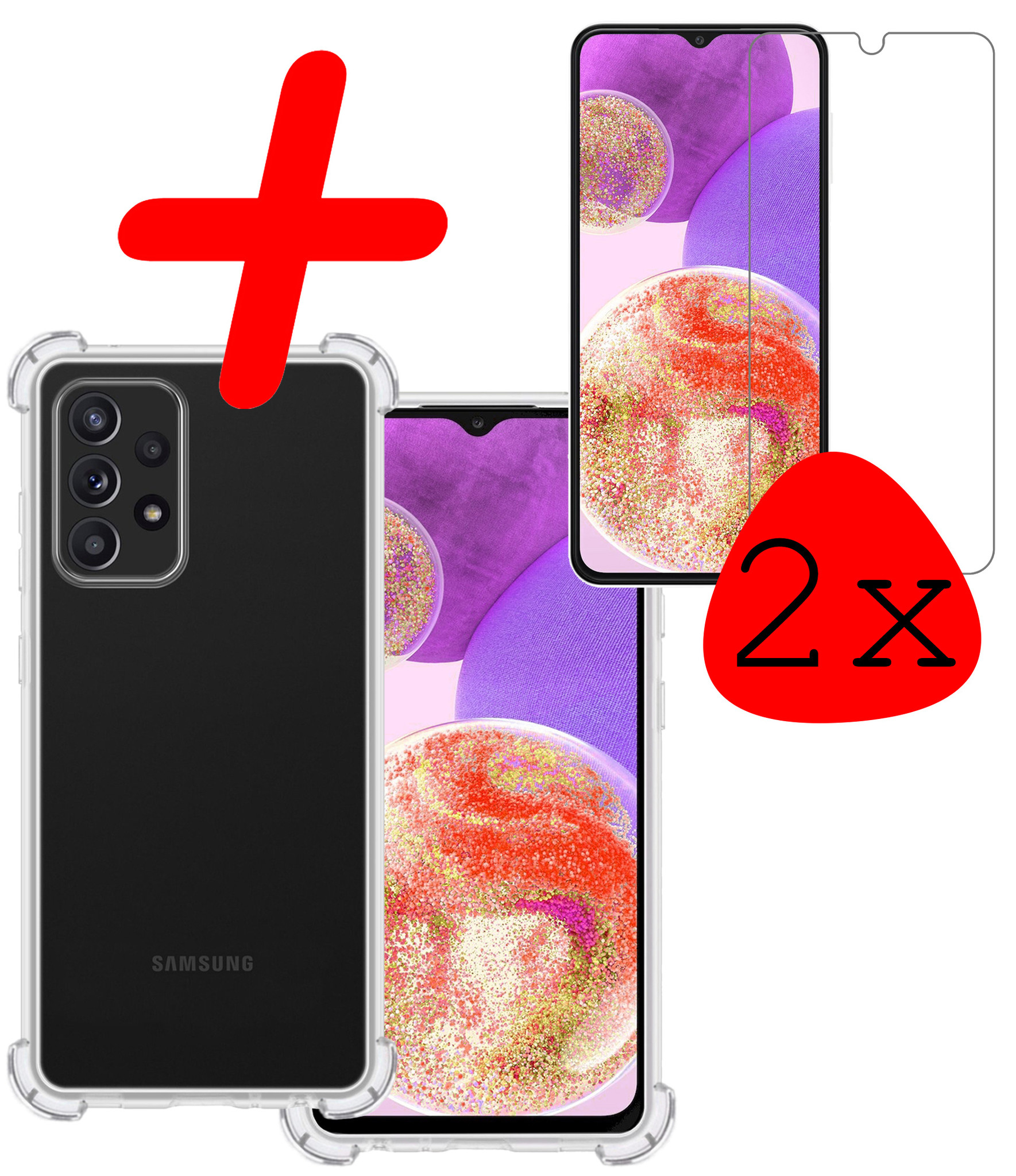 BASEY. Hoes Geschikt voor Samsung A23 Hoesje Shock Proof Case Hoes Siliconen Met 2x Screenprotector - Hoesje Geschikt voor Samsung Galaxy A23 Hoes Cover Shockproof - Transparant
