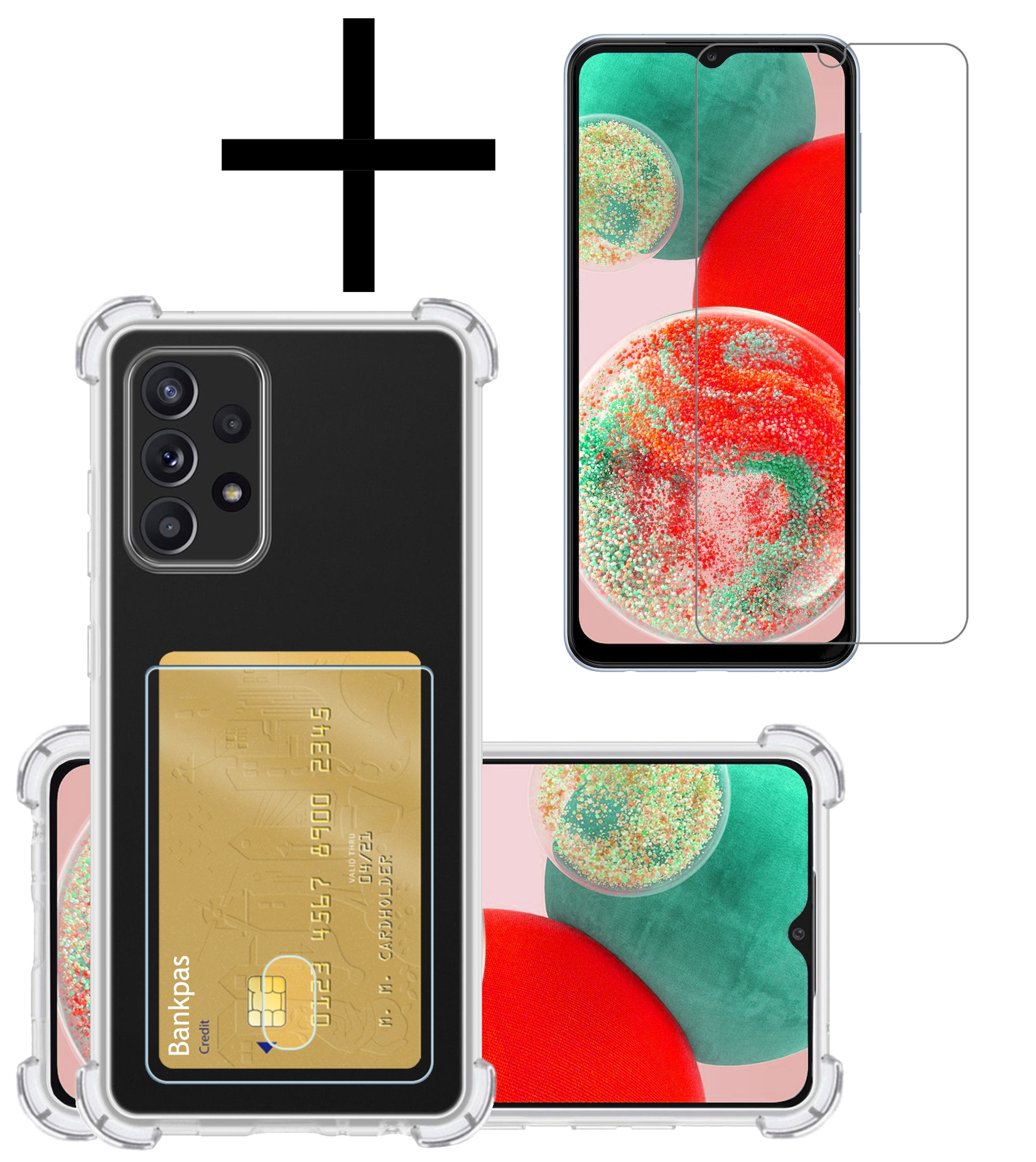 NoXx Hoes Geschikt voor Samsung A23 Hoesje Pasjeshouder Cover Shock Proof Case Siliconen Hoes Met Kaarthouder Met Screenprotector - Transparant