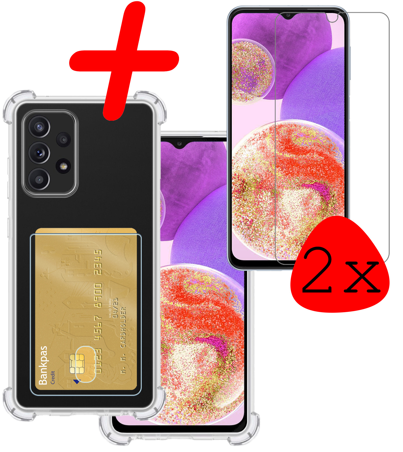 Samsung Galaxy A23 Hoesje Shock Proof Case Met Pasjeshouder Met 2x Screenprotector - Samsung A23 Case Transparant Pashouder Shock Hoes - Transparant