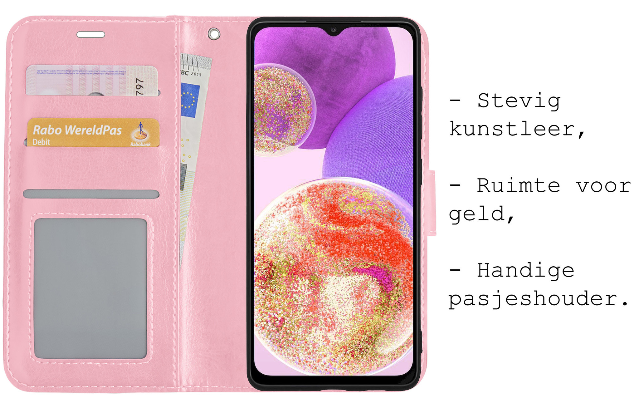 BASEY. Hoes Geschikt voor Samsung A23 Hoesje Bookcase Hoes Flip Case Book Cover Met Screenprotector - Hoesje Geschikt voor Samsung Galaxy A23 Hoes Book Case Hoesje - Lichtroze