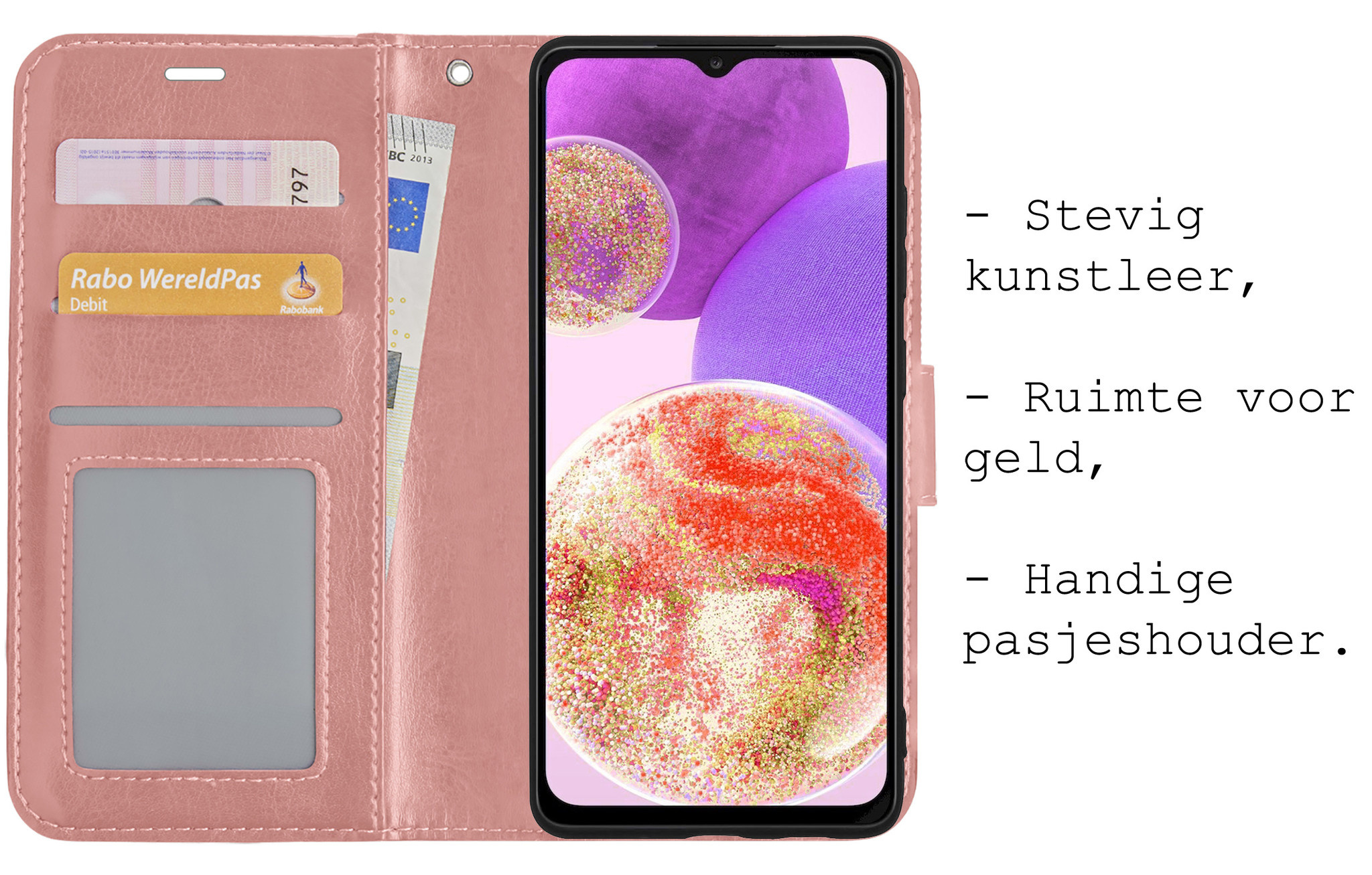 BASEY. Hoes Geschikt voor Samsung A23 Hoesje Bookcase Hoes Flip Case Book Cover Met Screenprotector - Hoesje Geschikt voor Samsung Galaxy A23 Hoes Book Case Hoesje - Rosé goud