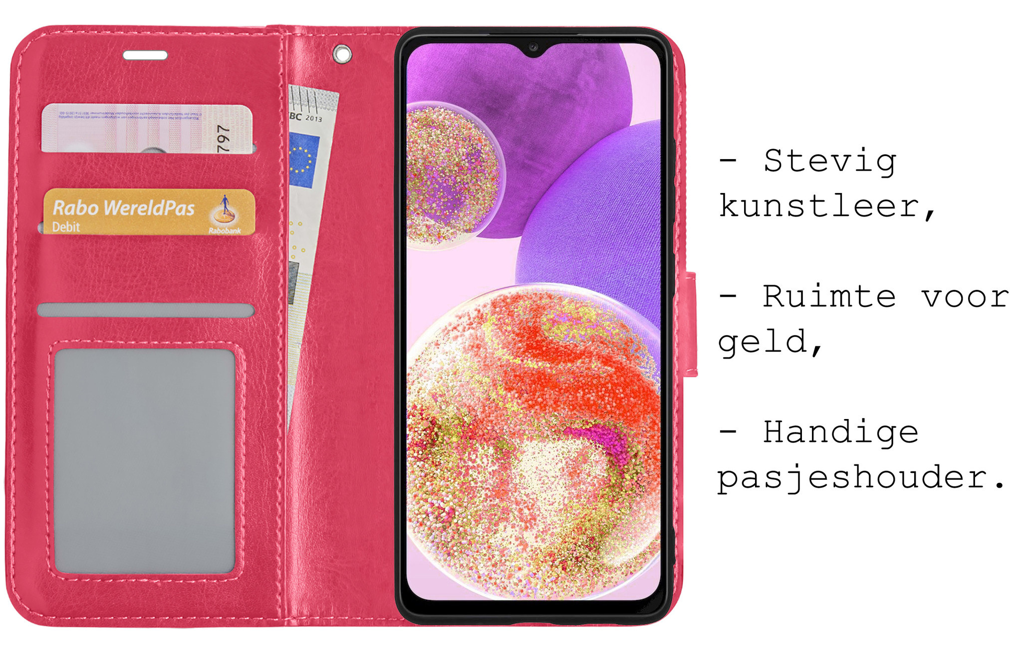 BASEY. Hoes Geschikt voor Samsung A23 Hoesje Bookcase Hoes Flip Case Book Cover Met 2x Screenprotector - Hoesje Geschikt voor Samsung Galaxy A23 Hoes Book Case Hoesje - Donkerroze