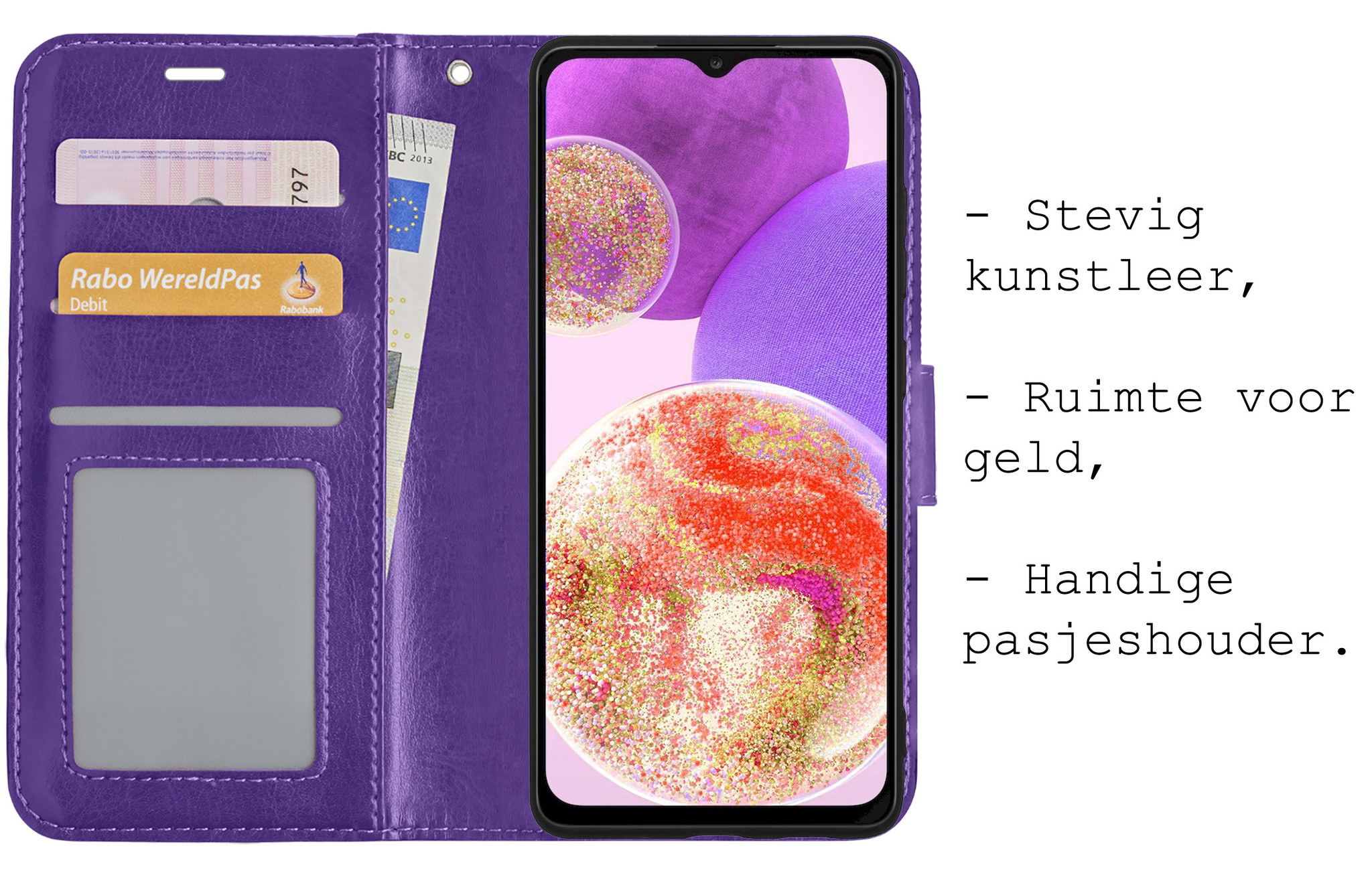 BASEY. Hoes Geschikt voor Samsung A23 Hoesje Bookcase Hoes Flip Case Book Cover Met 2x Screenprotector - Hoesje Geschikt voor Samsung Galaxy A23 Hoes Book Case Hoesje - Paars