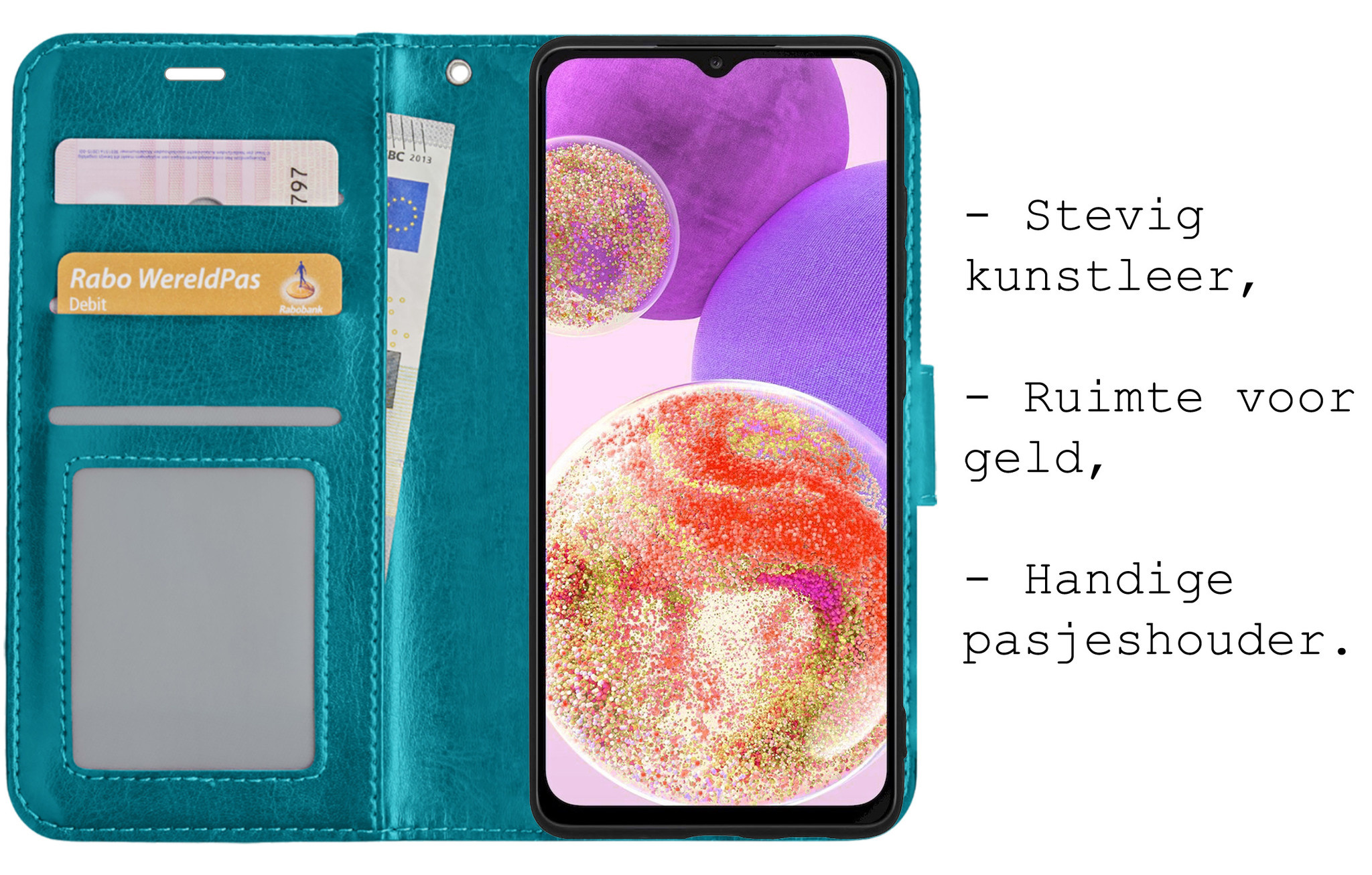 BASEY. Hoes Geschikt voor Samsung A23 Hoesje Bookcase Hoes Flip Case Book Cover Met 2x Screenprotector - Hoesje Geschikt voor Samsung Galaxy A23 Hoes Book Case Hoesje - Turquoise