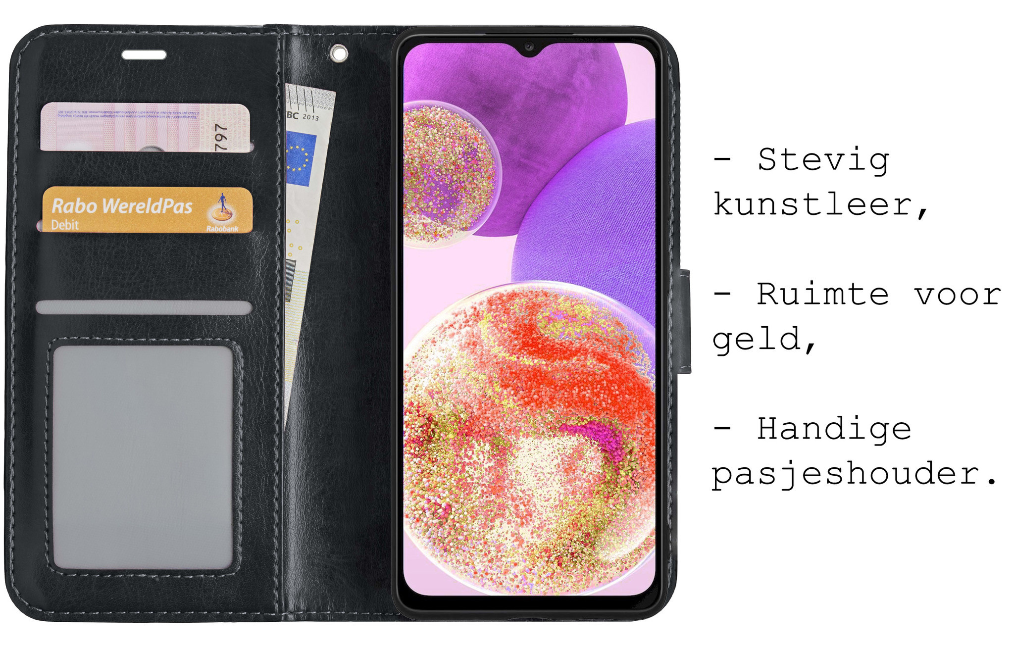 BASEY. Hoes Geschikt voor Samsung A23 Hoesje Bookcase Hoes Flip Case Book Cover Met 2x Screenprotector - Hoesje Geschikt voor Samsung Galaxy A23 Hoes Book Case Hoesje - Zwart