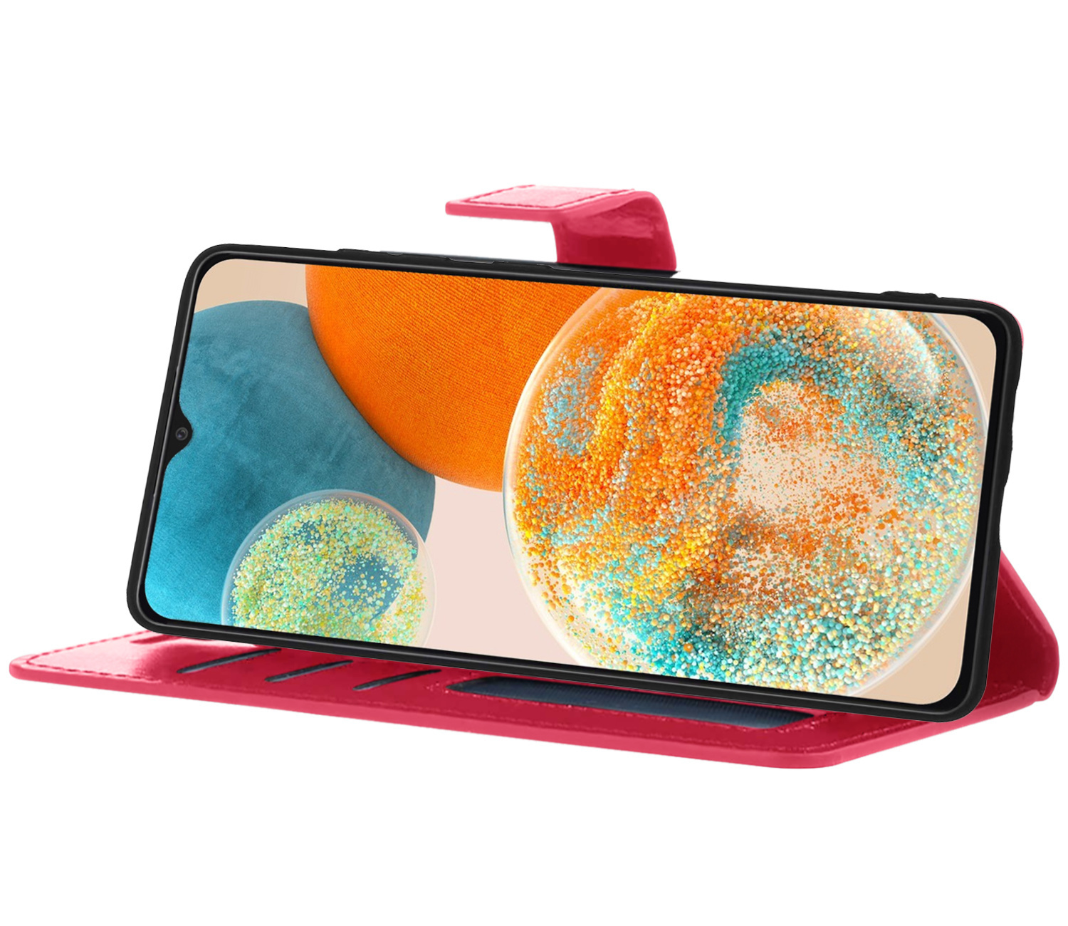 Nomfy Hoesje Geschikt voor Samsung A23 Hoes Bookcase Flipcase Book Cover Met 2x Screenprotector - Hoes Geschikt voor Samsung Galaxy A23 Hoesje Book Case - Donkerroze