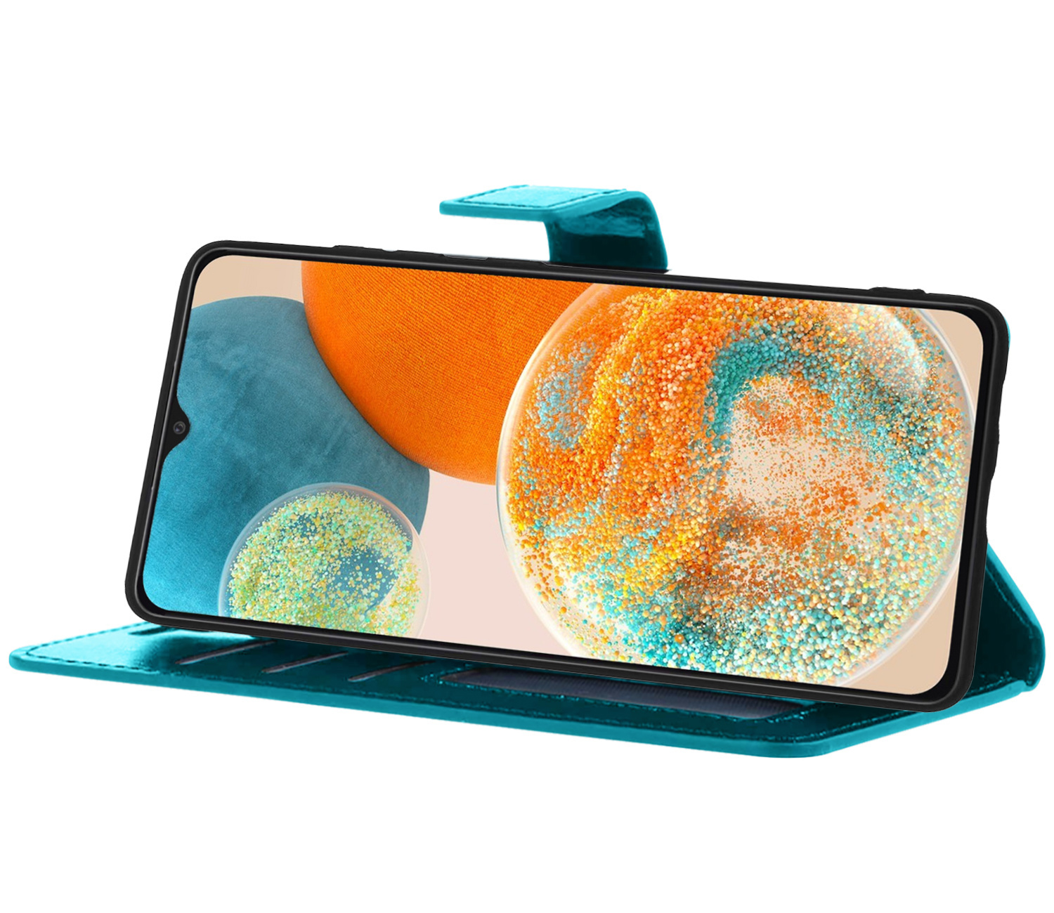 Nomfy Hoesje Geschikt voor Samsung A23 Hoes Bookcase Flipcase Book Cover Met 2x Screenprotector - Hoes Geschikt voor Samsung Galaxy A23 Hoesje Book Case - Turquoise