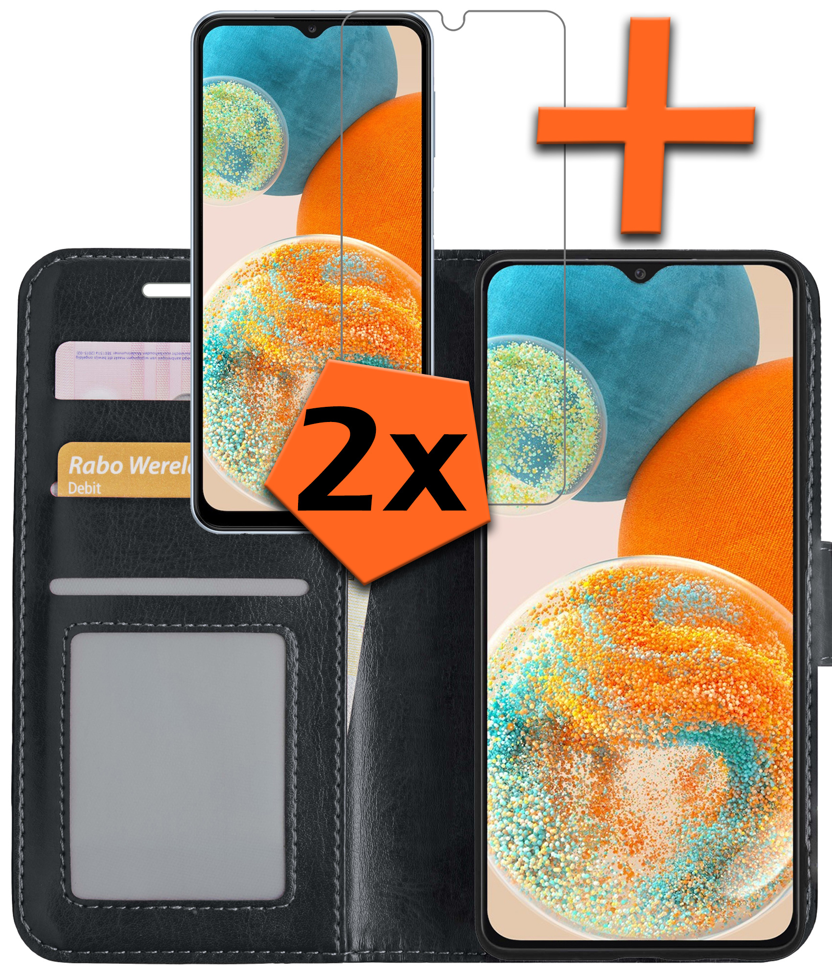 Nomfy Hoesje Geschikt voor Samsung A23 Hoes Bookcase Flipcase Book Cover Met 2x Screenprotector - Hoes Geschikt voor Samsung Galaxy A23 Hoesje Book Case - Zwart