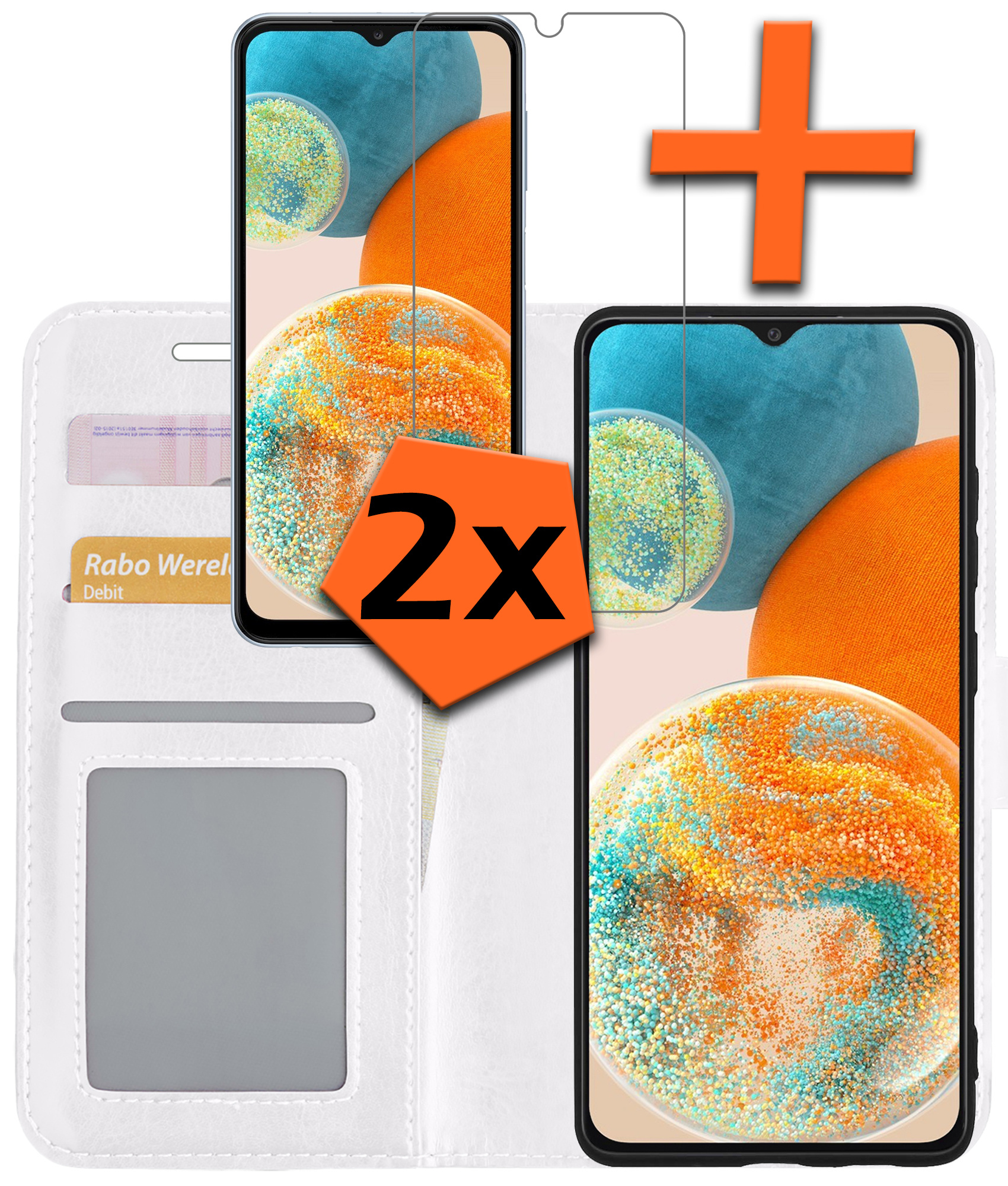 Nomfy Hoesje Geschikt voor Samsung A23 Hoes Bookcase Flipcase Book Cover Met 2x Screenprotector - Hoes Geschikt voor Samsung Galaxy A23 Hoesje Book Case - Wit