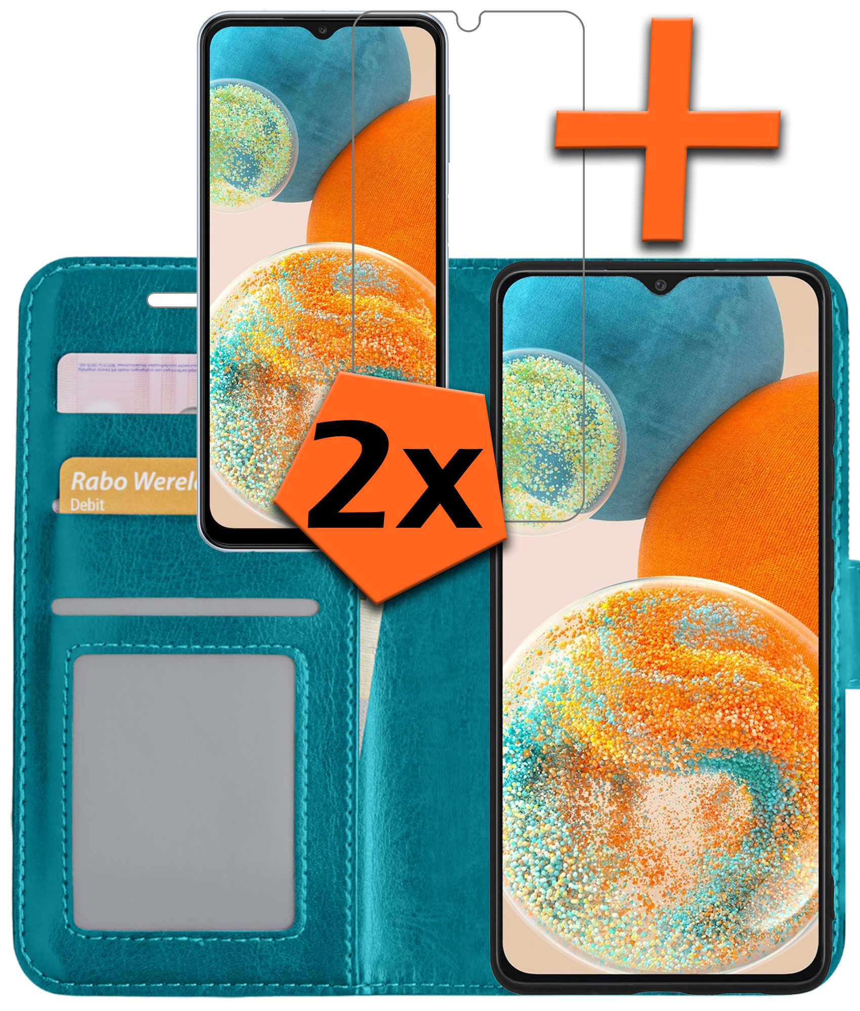 Nomfy Hoesje Geschikt voor Samsung A23 Hoes Bookcase Flipcase Book Cover Met 2x Screenprotector - Hoes Geschikt voor Samsung Galaxy A23 Hoesje Book Case - Turquoise