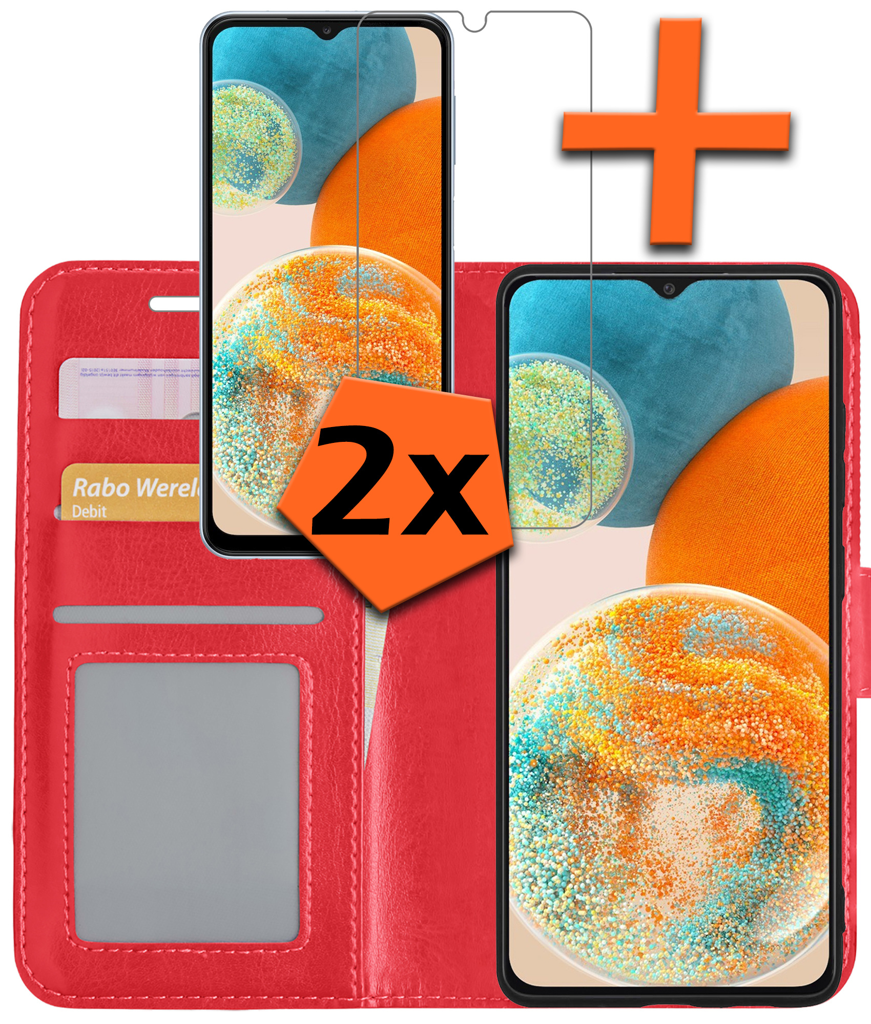 Nomfy Hoesje Geschikt voor Samsung A23 Hoes Bookcase Flipcase Book Cover Met 2x Screenprotector - Hoes Geschikt voor Samsung Galaxy A23 Hoesje Book Case - Rood