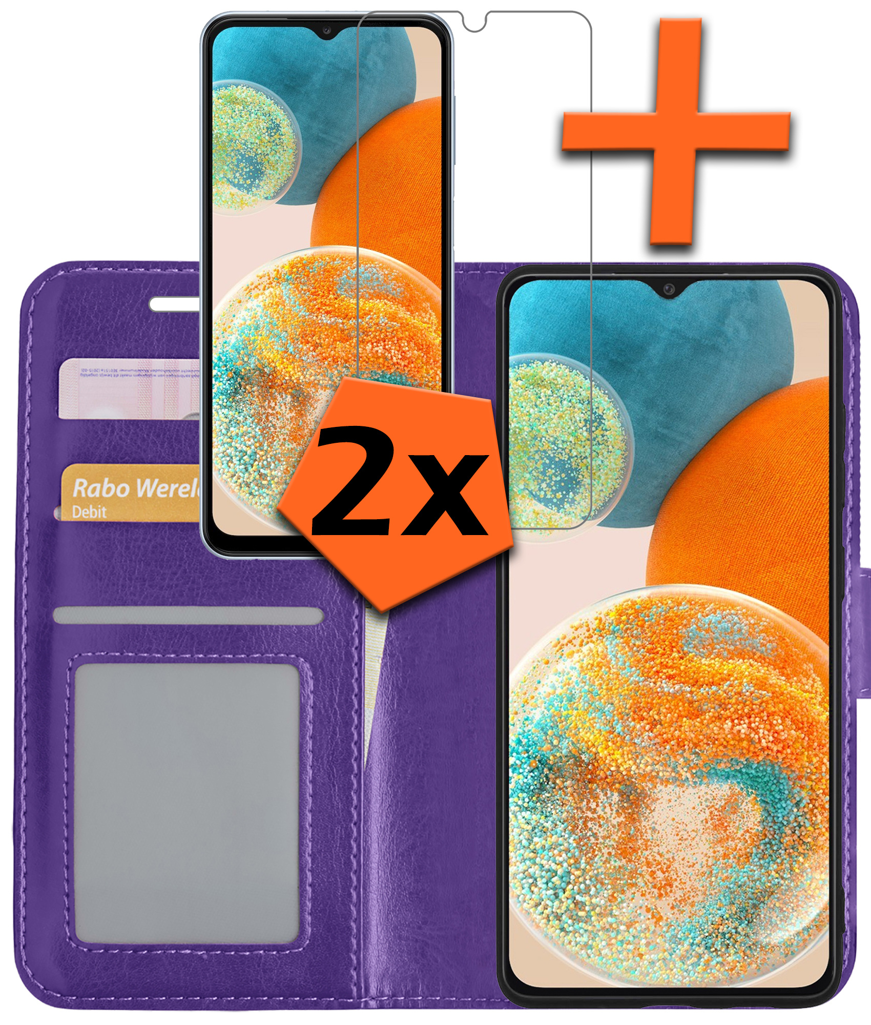 Nomfy Hoesje Geschikt voor Samsung A23 Hoes Bookcase Flipcase Book Cover Met 2x Screenprotector - Hoes Geschikt voor Samsung Galaxy A23 Hoesje Book Case - Paars