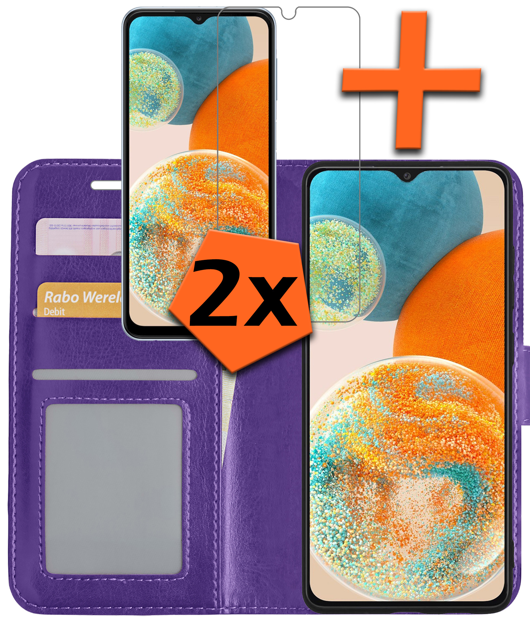 Samsung A23 Hoes Bookcase Flipcase Book Cover Met 2x Screenprotector - Samsung Galaxy A23 Hoesje Book Case - Paars