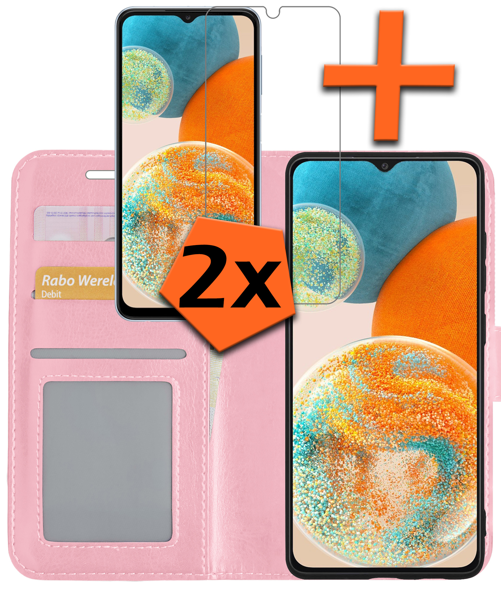 Nomfy Hoesje Geschikt voor Samsung A23 Hoes Bookcase Flipcase Book Cover Met 2x Screenprotector - Hoes Geschikt voor Samsung Galaxy A23 Hoesje Book Case - Lichtroze