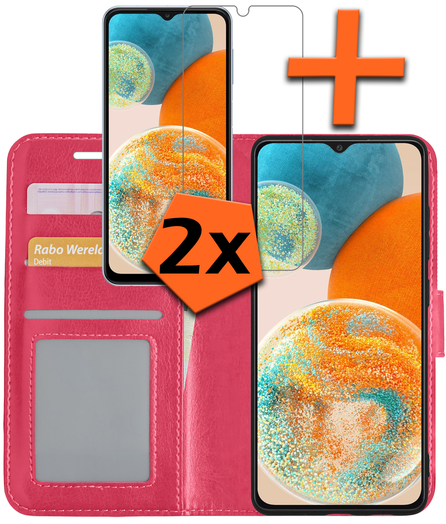 Nomfy Hoesje Geschikt voor Samsung A23 Hoes Bookcase Flipcase Book Cover Met 2x Screenprotector - Hoes Geschikt voor Samsung Galaxy A23 Hoesje Book Case - Donkerroze